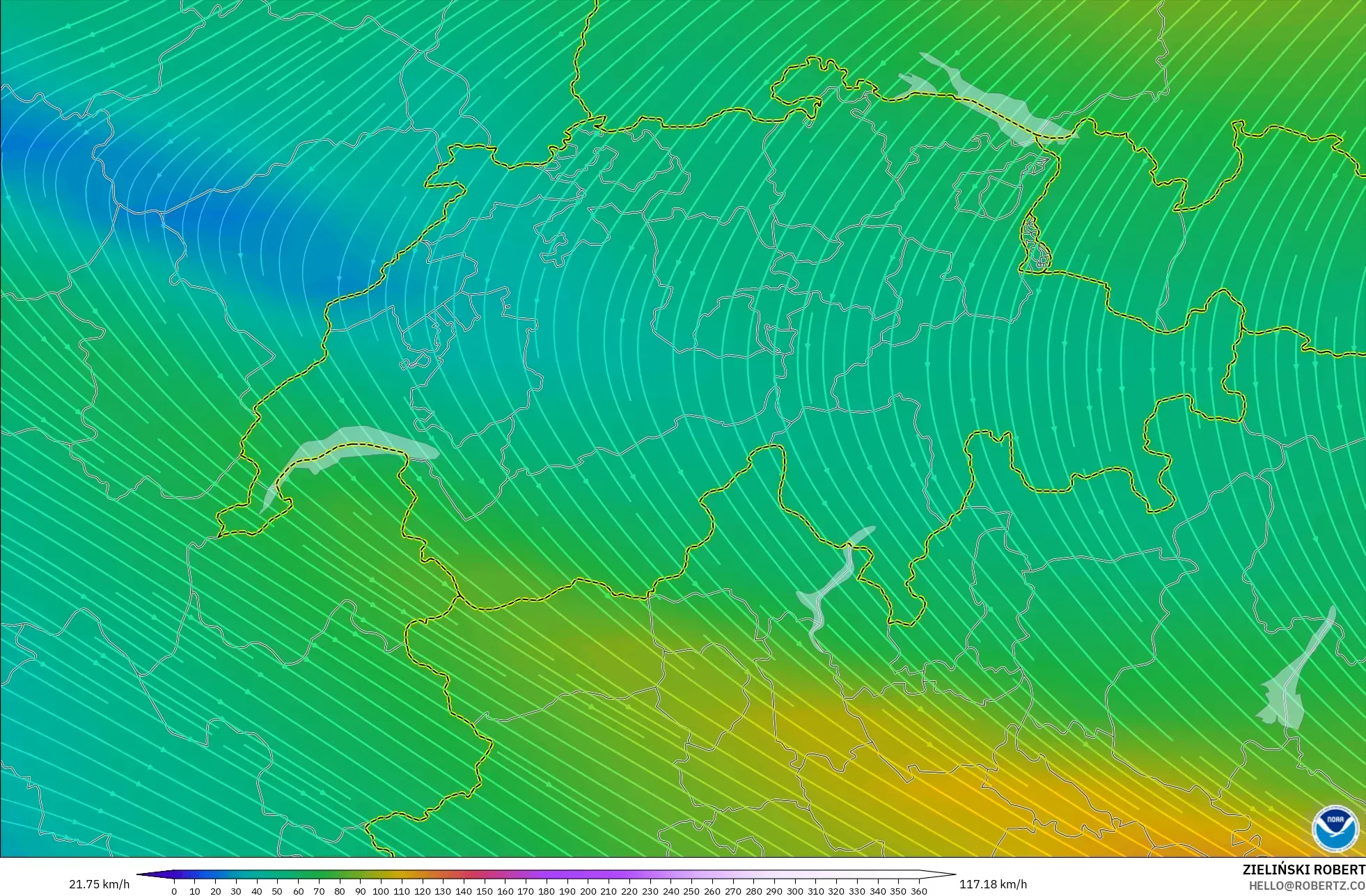 GFS modelo - Suíça, Vento a 300 hPa (corrente em jato)