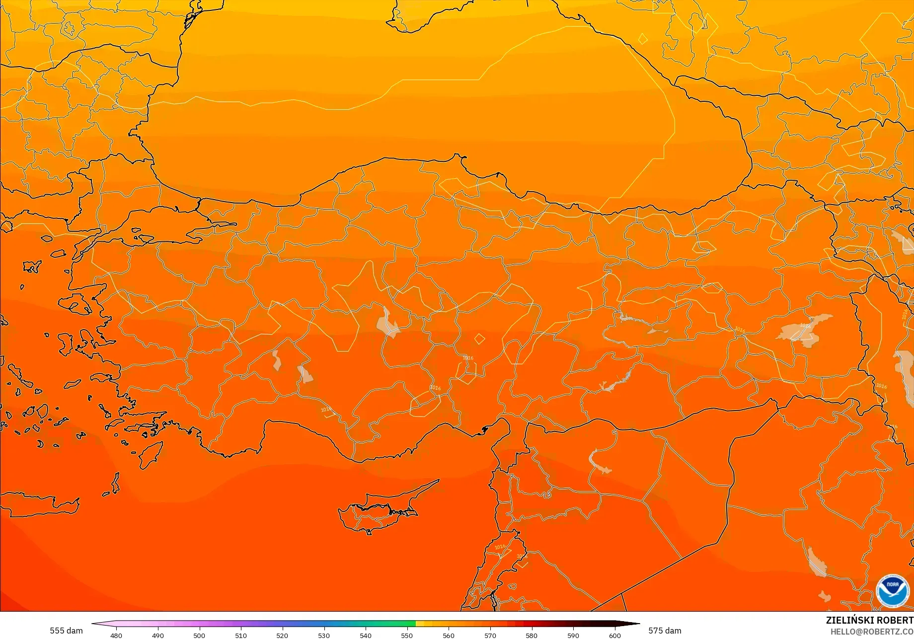 GFS modelo - Turquia, Altura geopotencial a 500 hPa