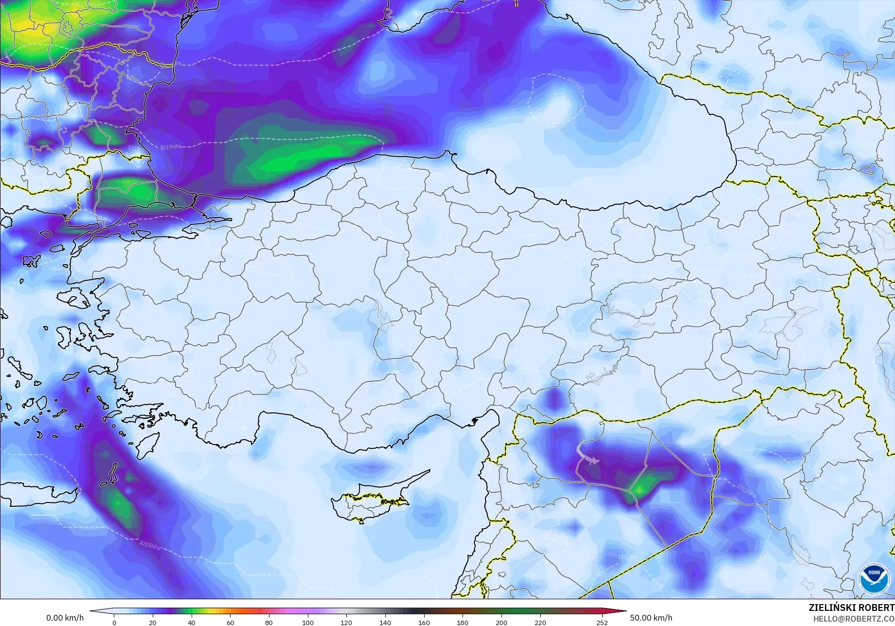 GFS modelo - Turquia, Rajadas de Vento Máximas