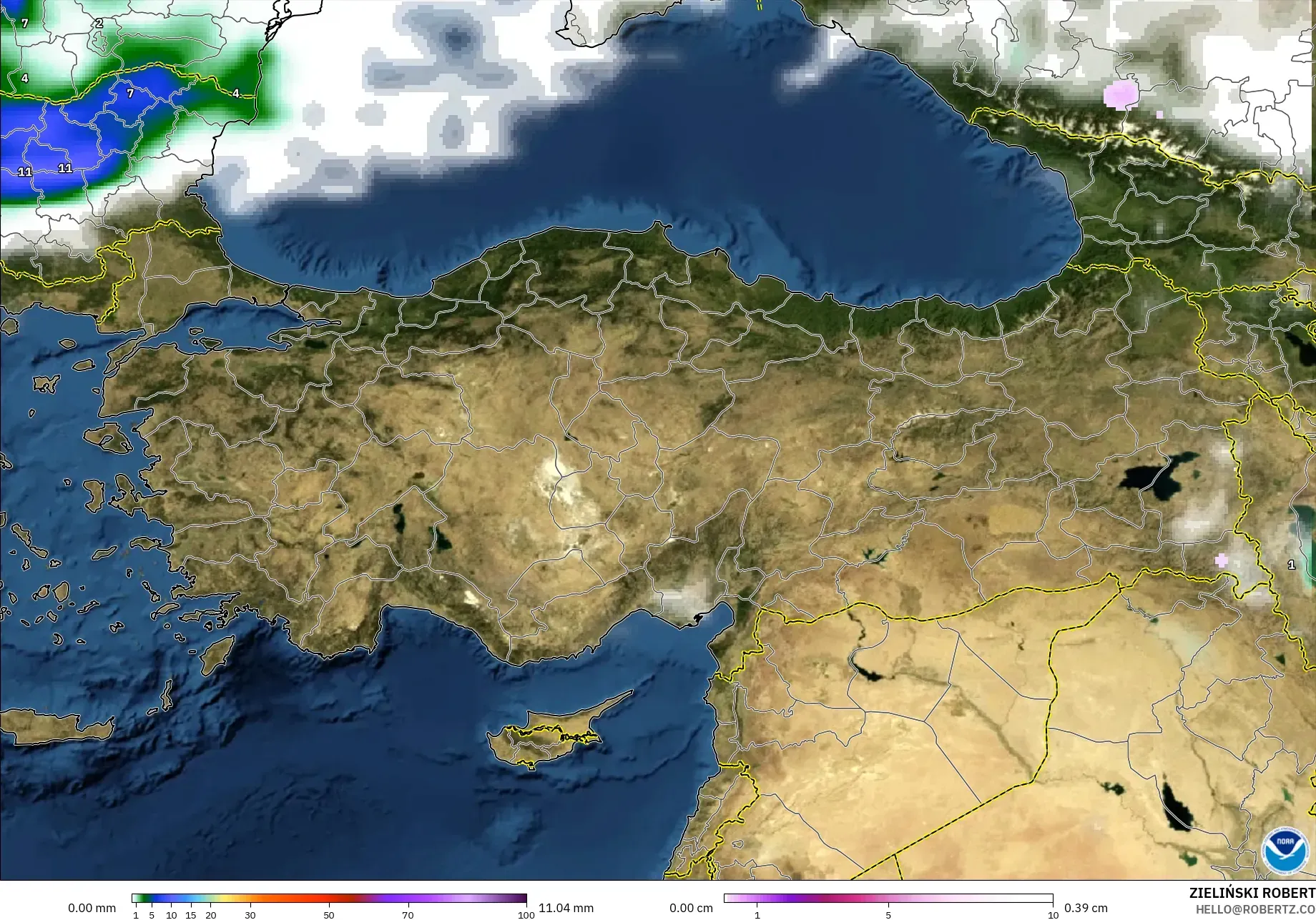 GFS modelo - Turquia, Precipitação, nuvens e pressão