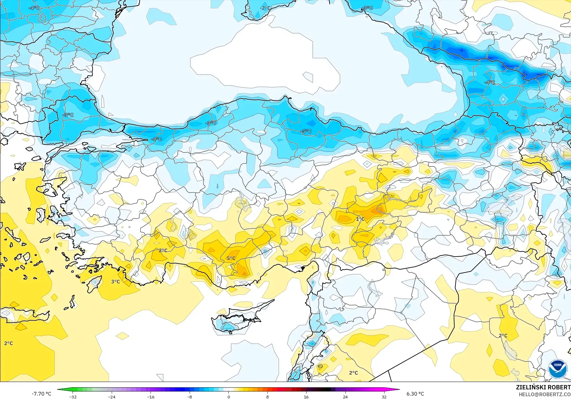 GFS modelo - Turquia, Anomalia de temperatura a 2 m
