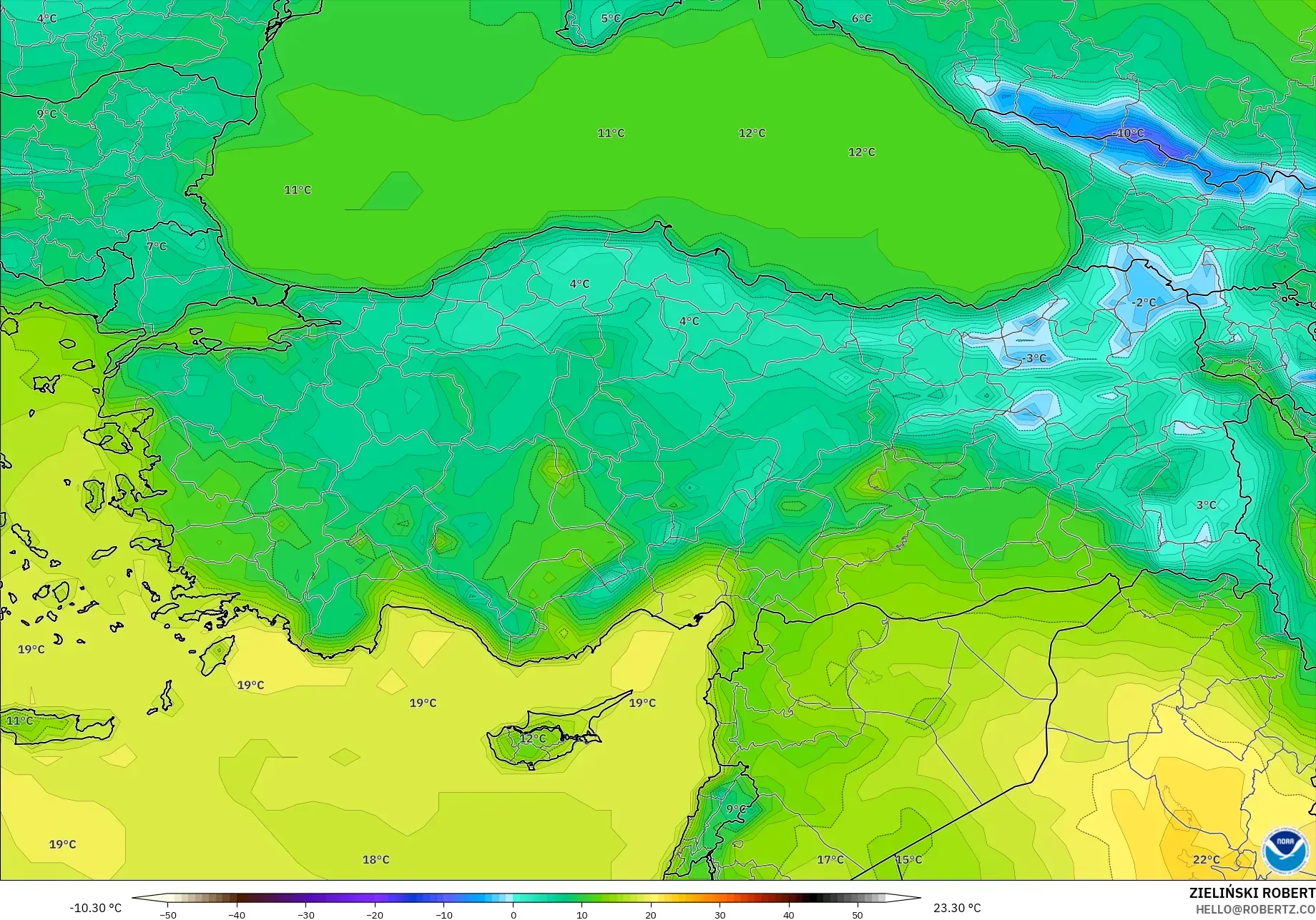 GFS modelo - Turquia, Temperatura a 2 m