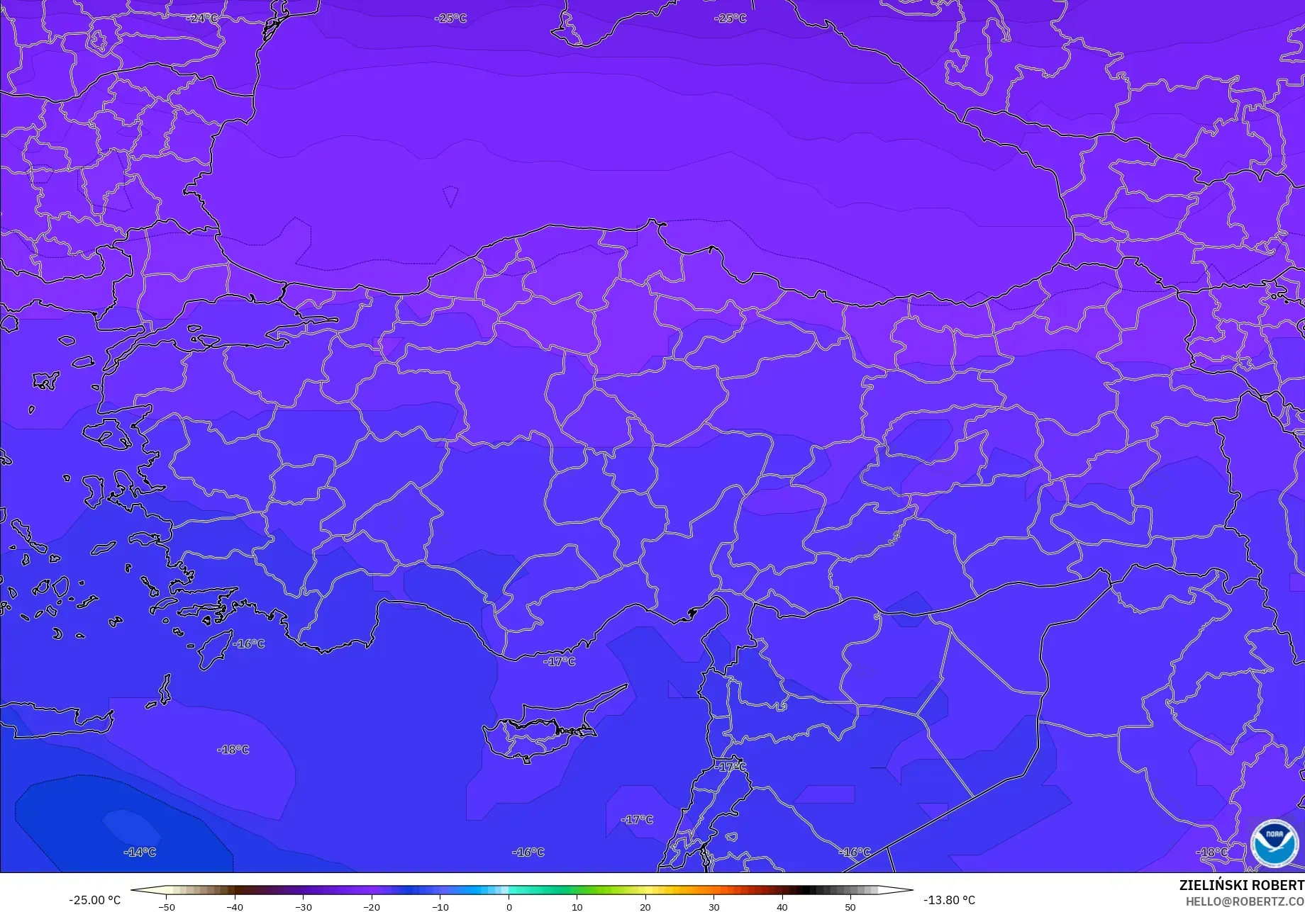 GFS modelo - Turquia, Temperatura a 500 hPa