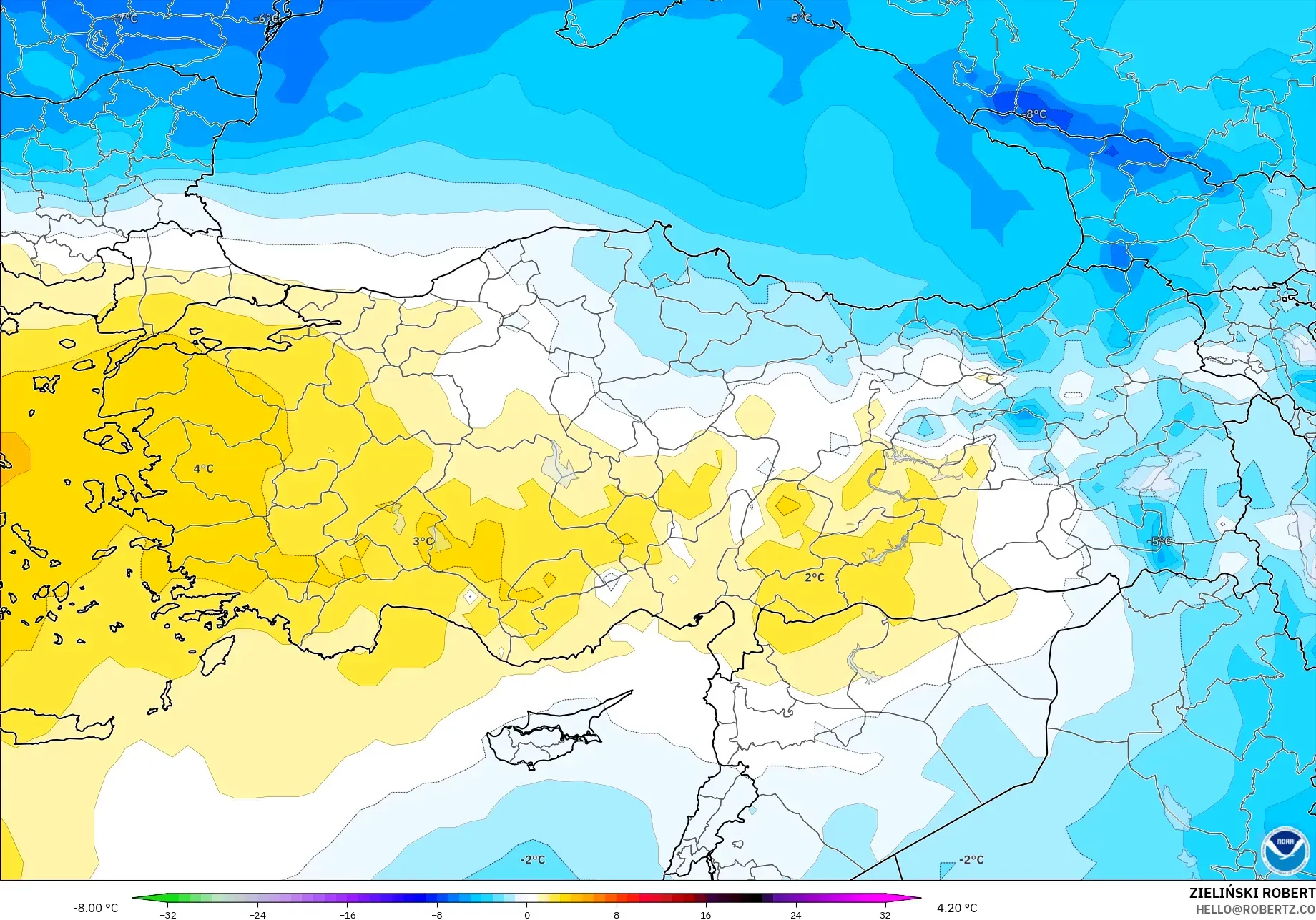 GFS modelo - Turquia, Anomalia de temperatura a 850 hPa