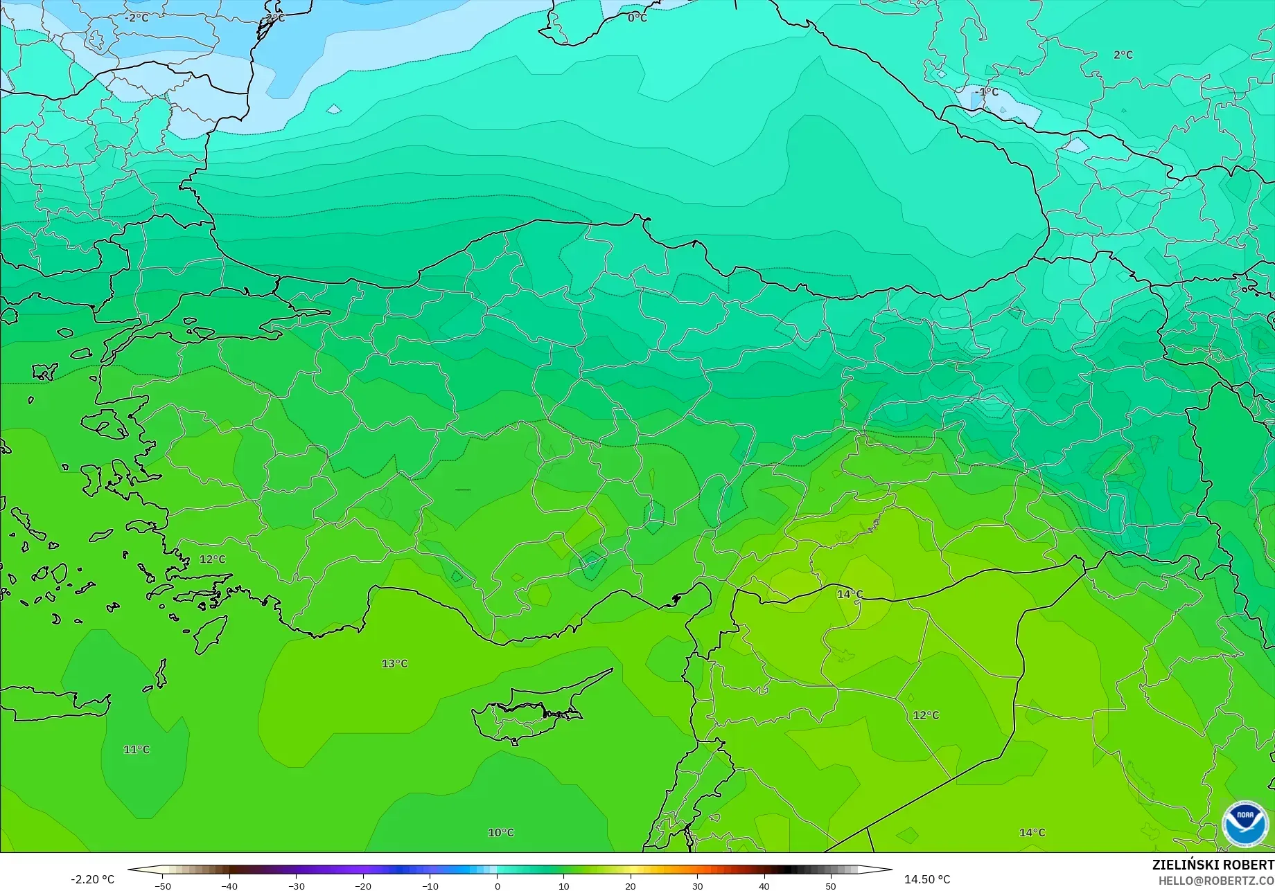 GFS modelo - Turquia, Temperatura a 850 hPa