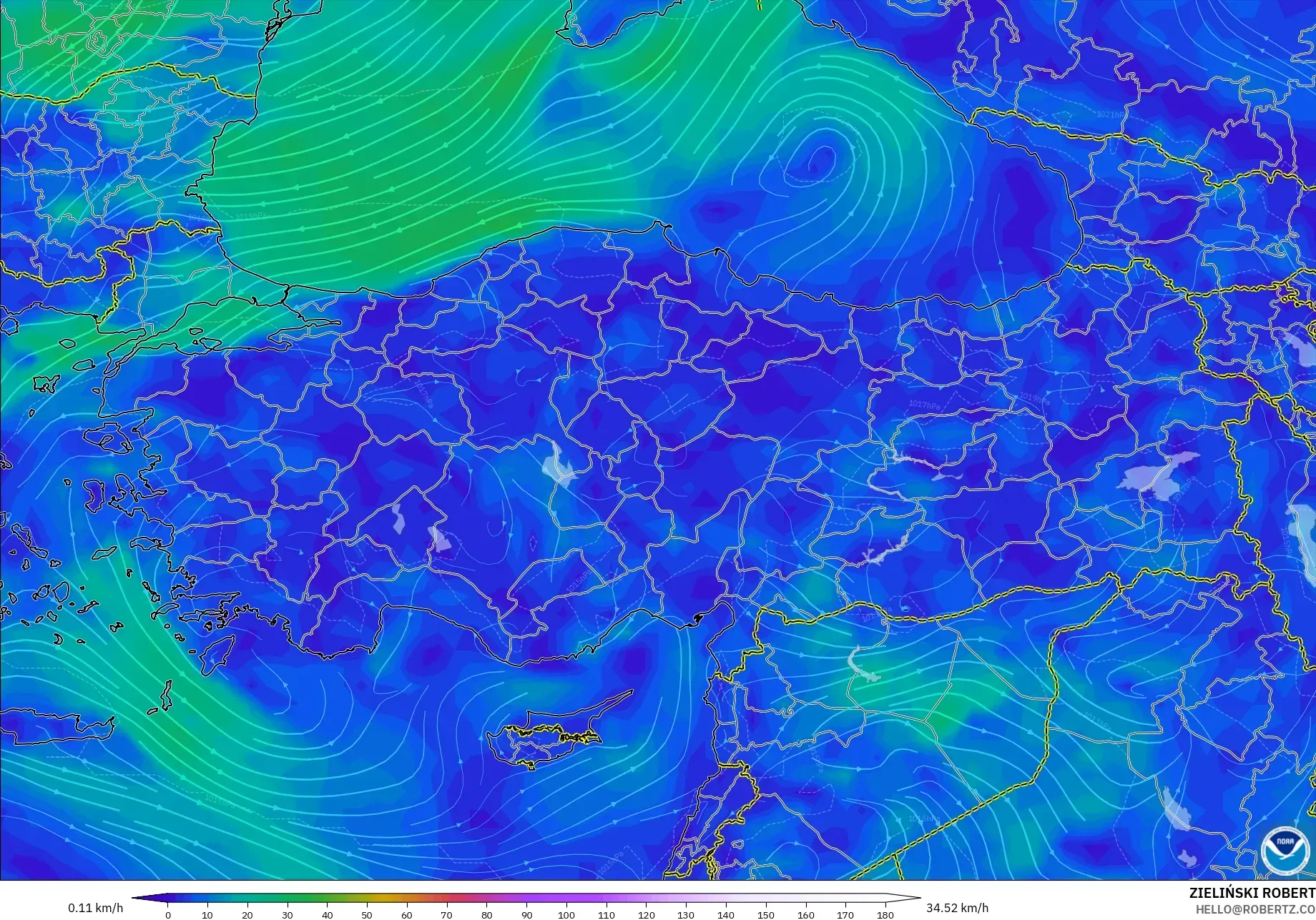 GFS modelo - Turquia, Vento a 10 m