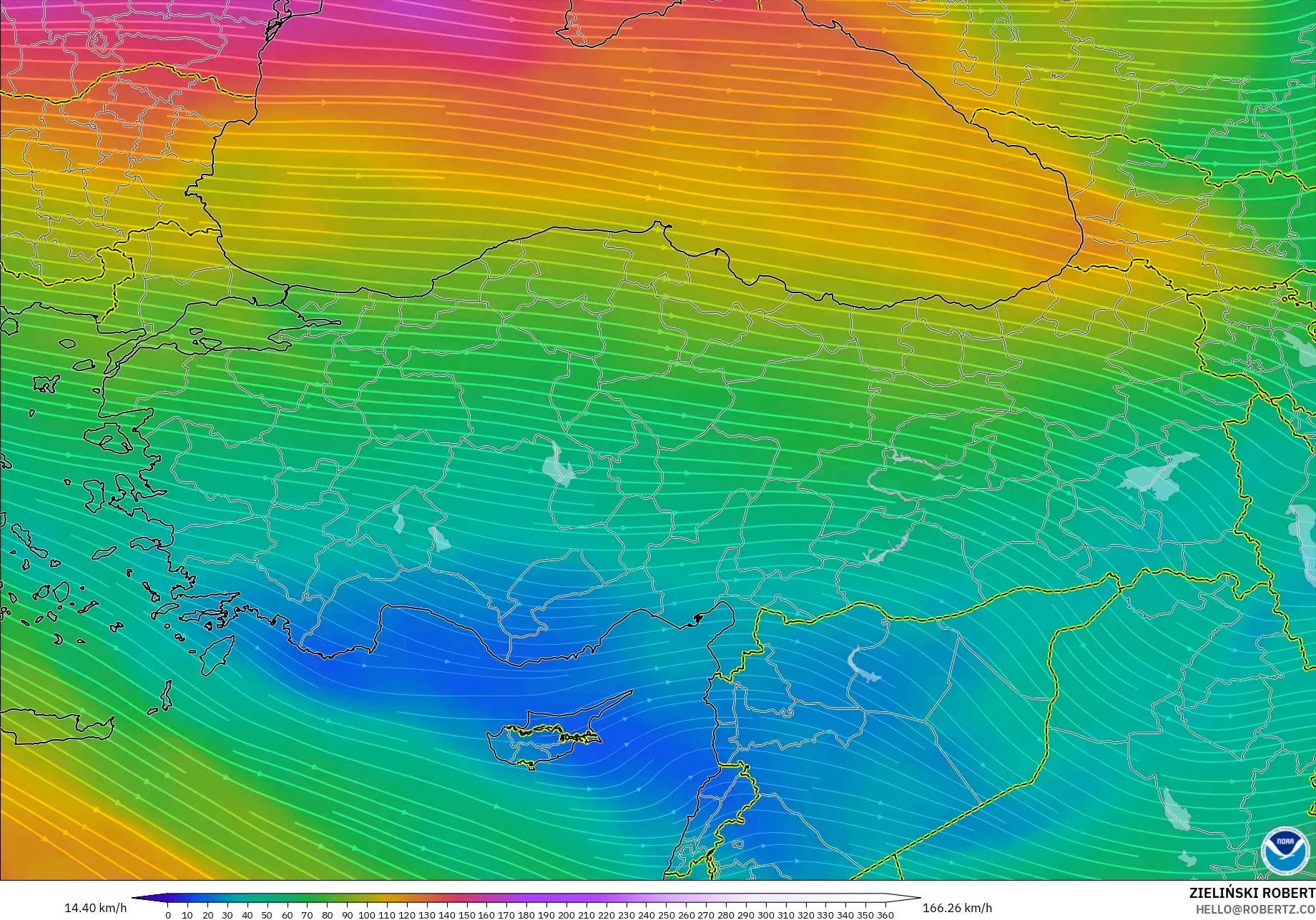 GFS modelo - Turquia, Vento a 300 hPa (corrente em jato)