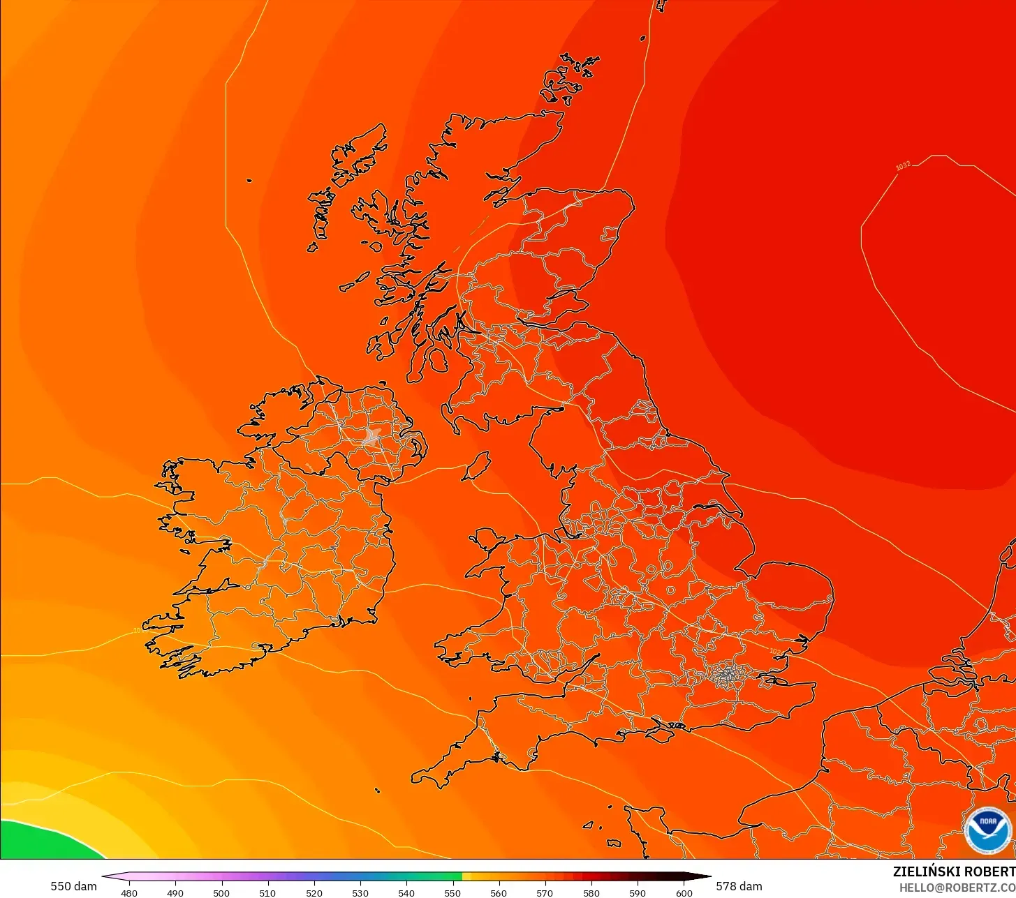 GFS modelo - Reino Unido, Altura geopotencial a 500 hPa