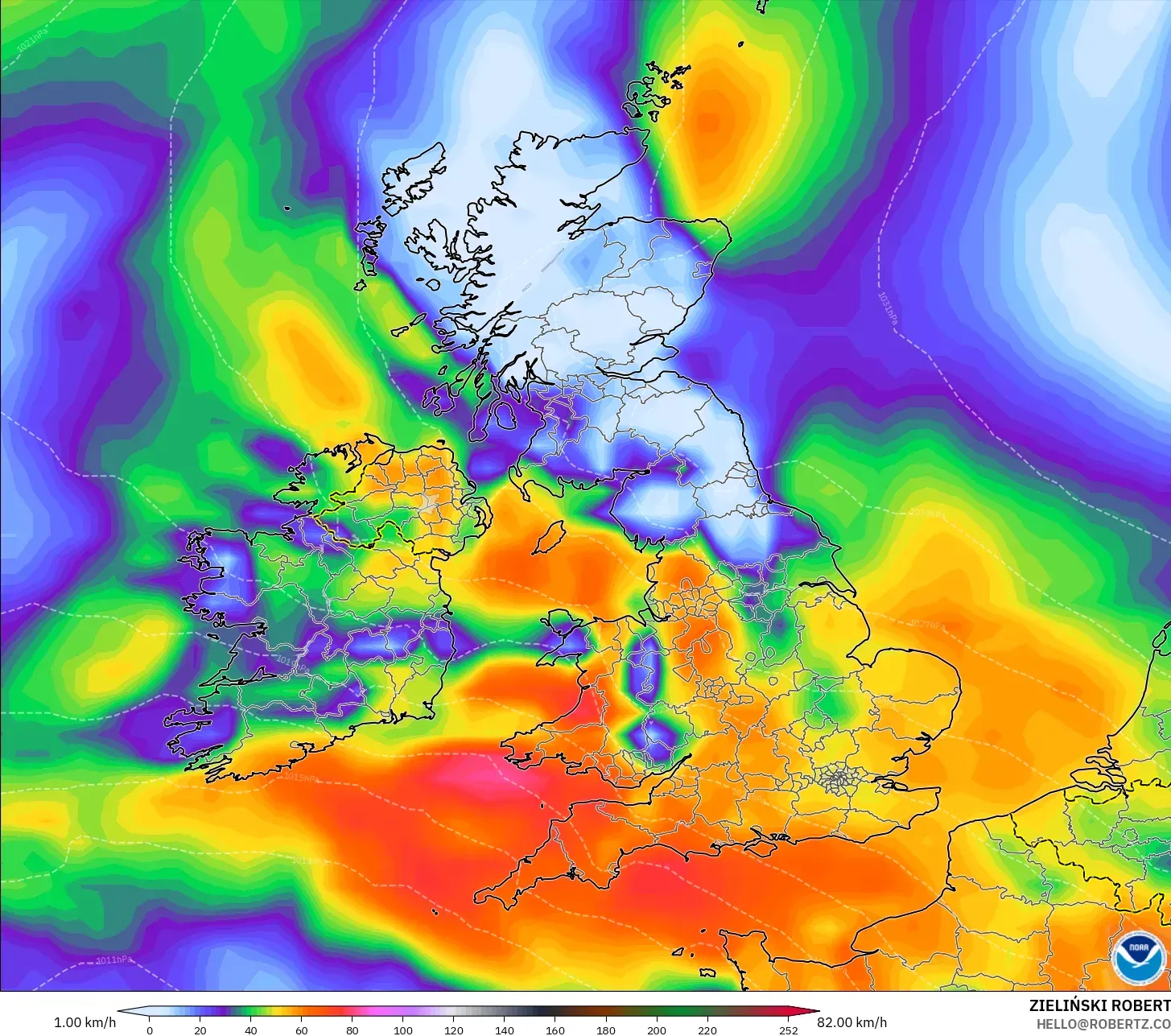 GFS modelo - Reino Unido, Rajadas de vento