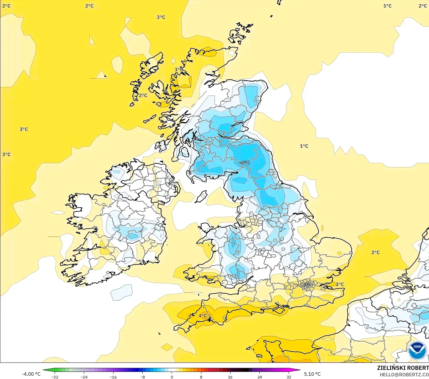 GFS modelo - Reino Unido, Anomalia de temperatura a 2 m