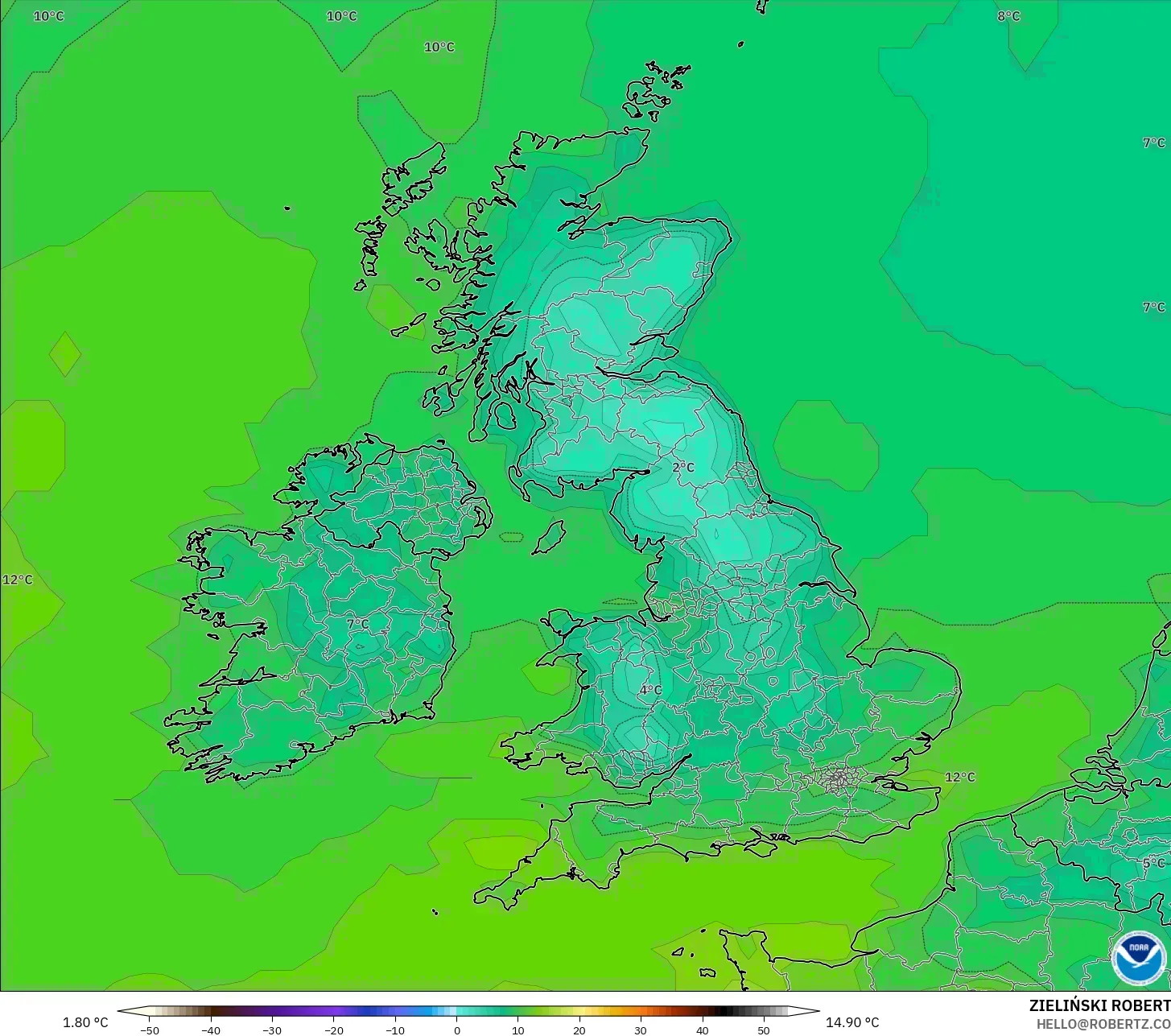 GFS modelo - Reino Unido, Temperatura a 2 m