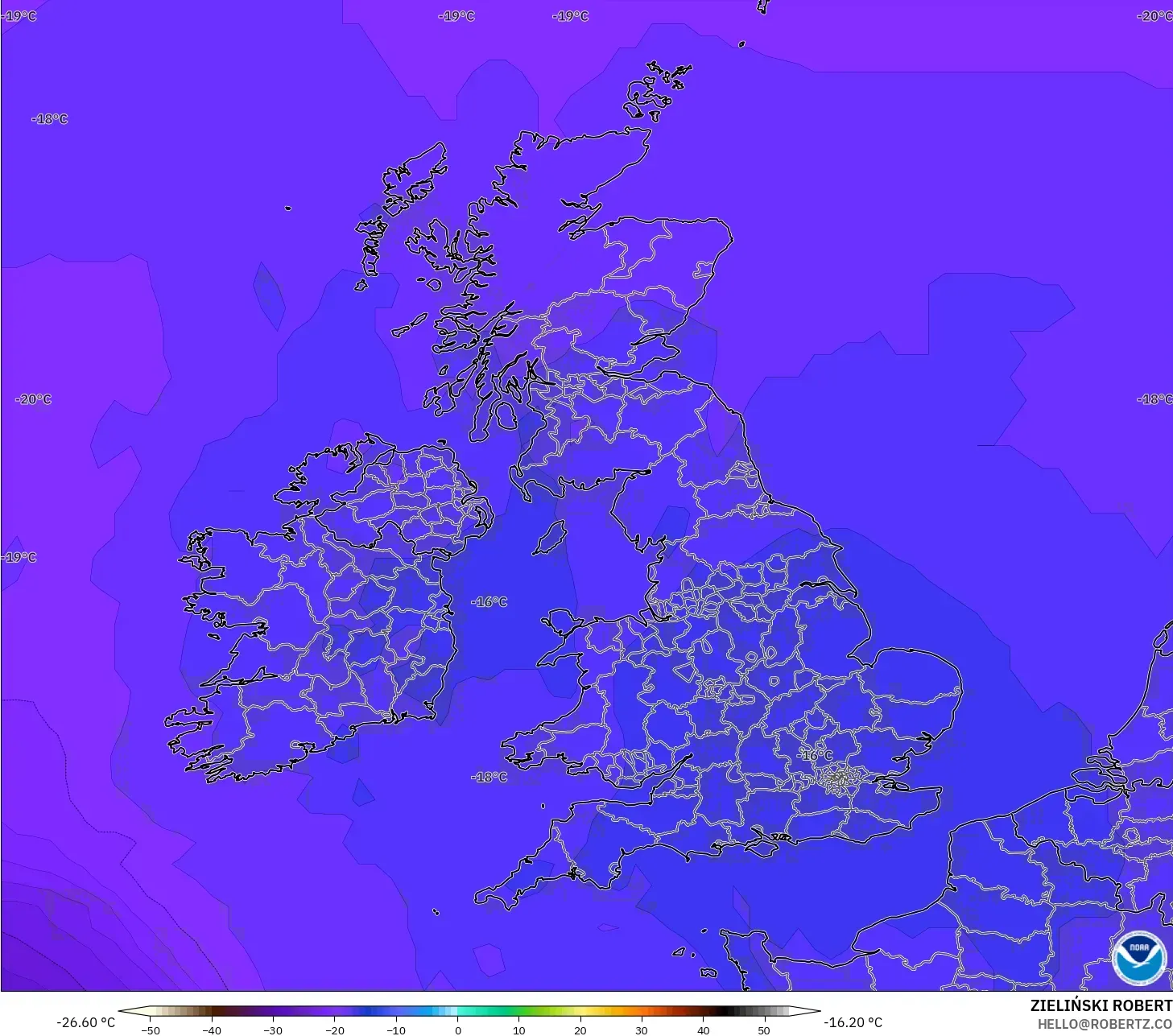 GFS modelo - Reino Unido, Temperatura a 500 hPa