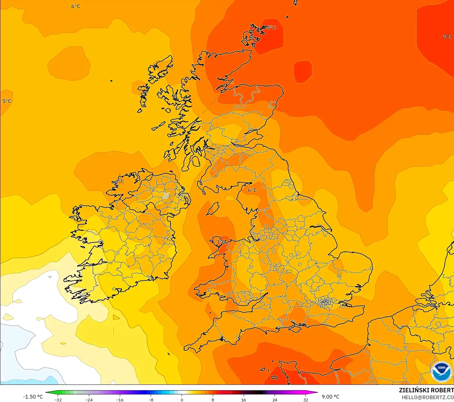 GFS modelo - Reino Unido, Anomalia de temperatura a 850 hPa