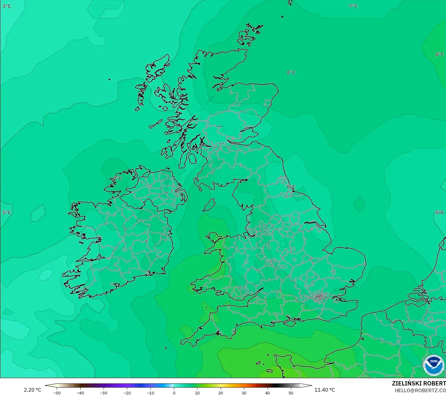 GFS modelo - Reino Unido, Temperatura a 850 hPa