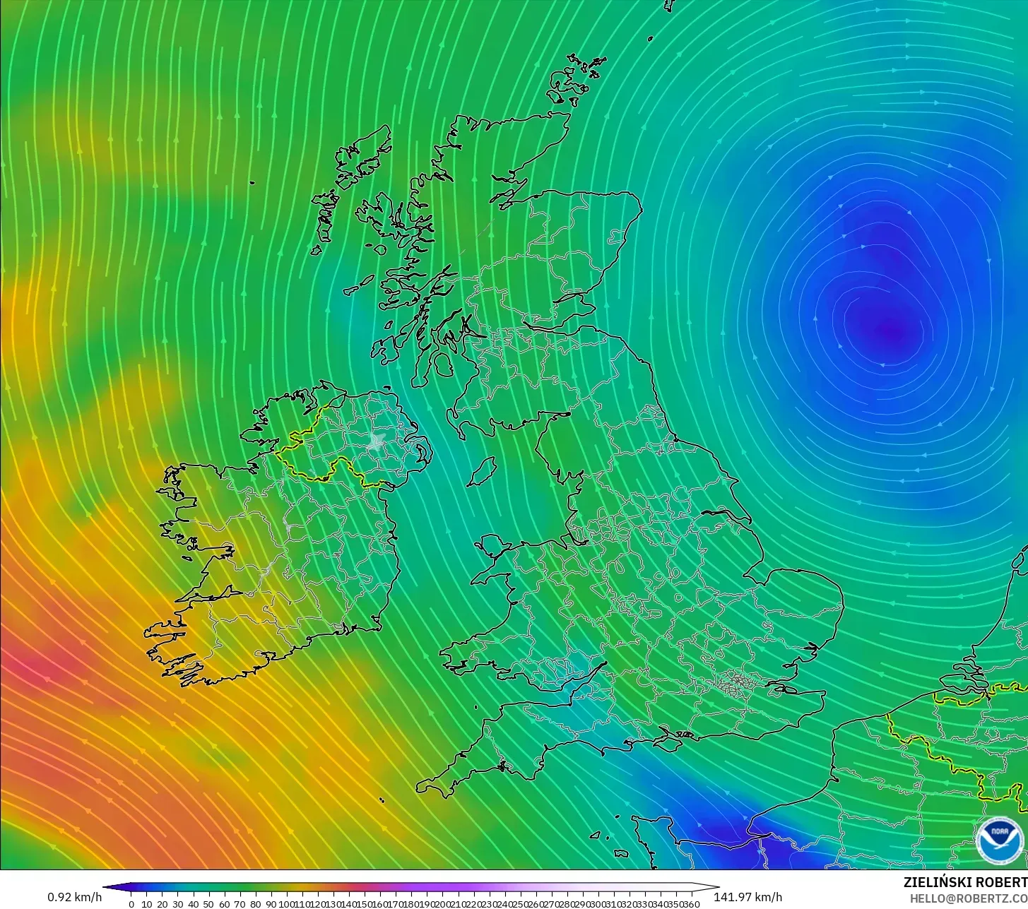 GFS modelo - Reino Unido, Vento a 300 hPa (corrente em jato)