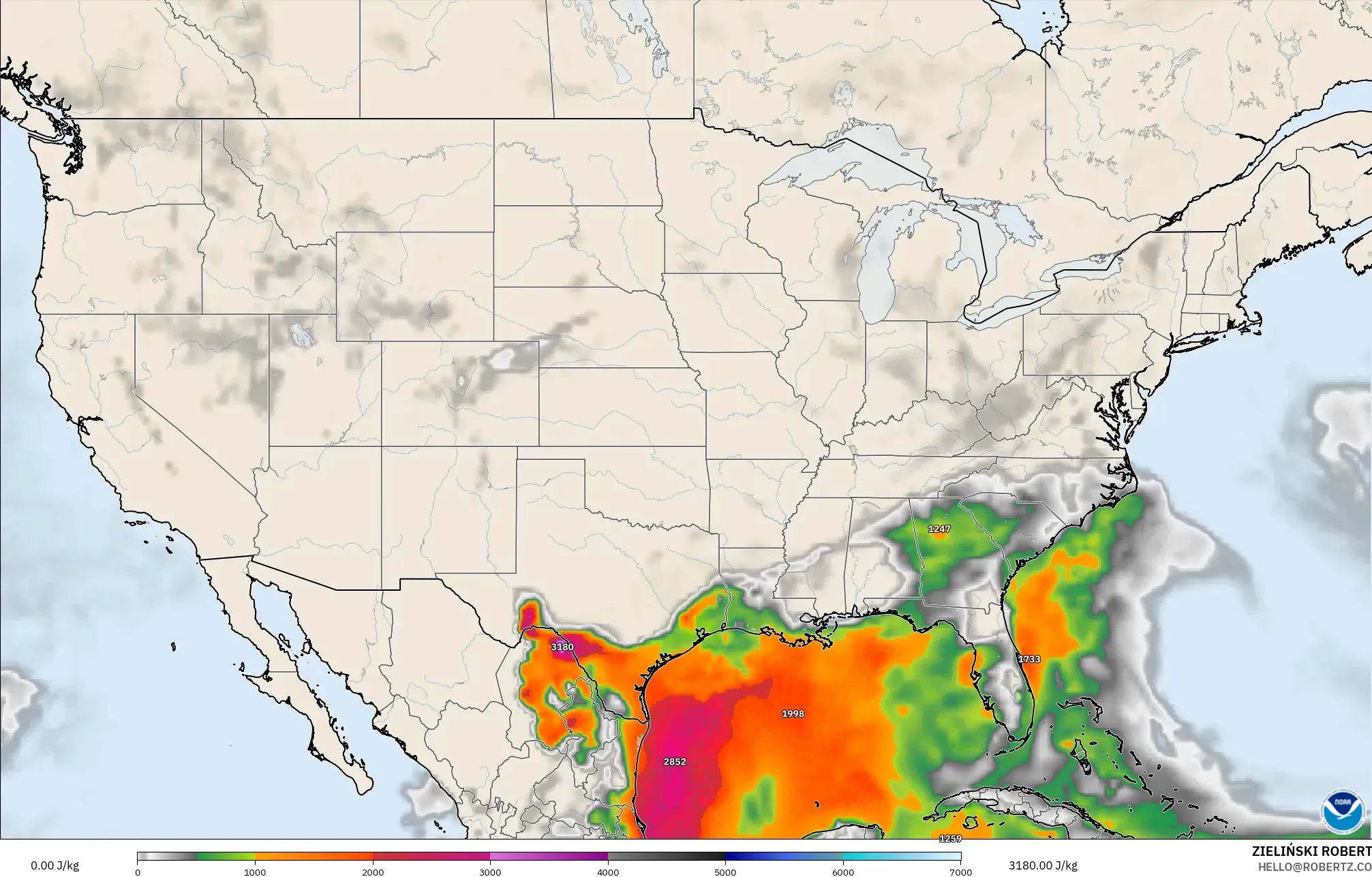 GFS modelo - Estados Unidos, CAPE