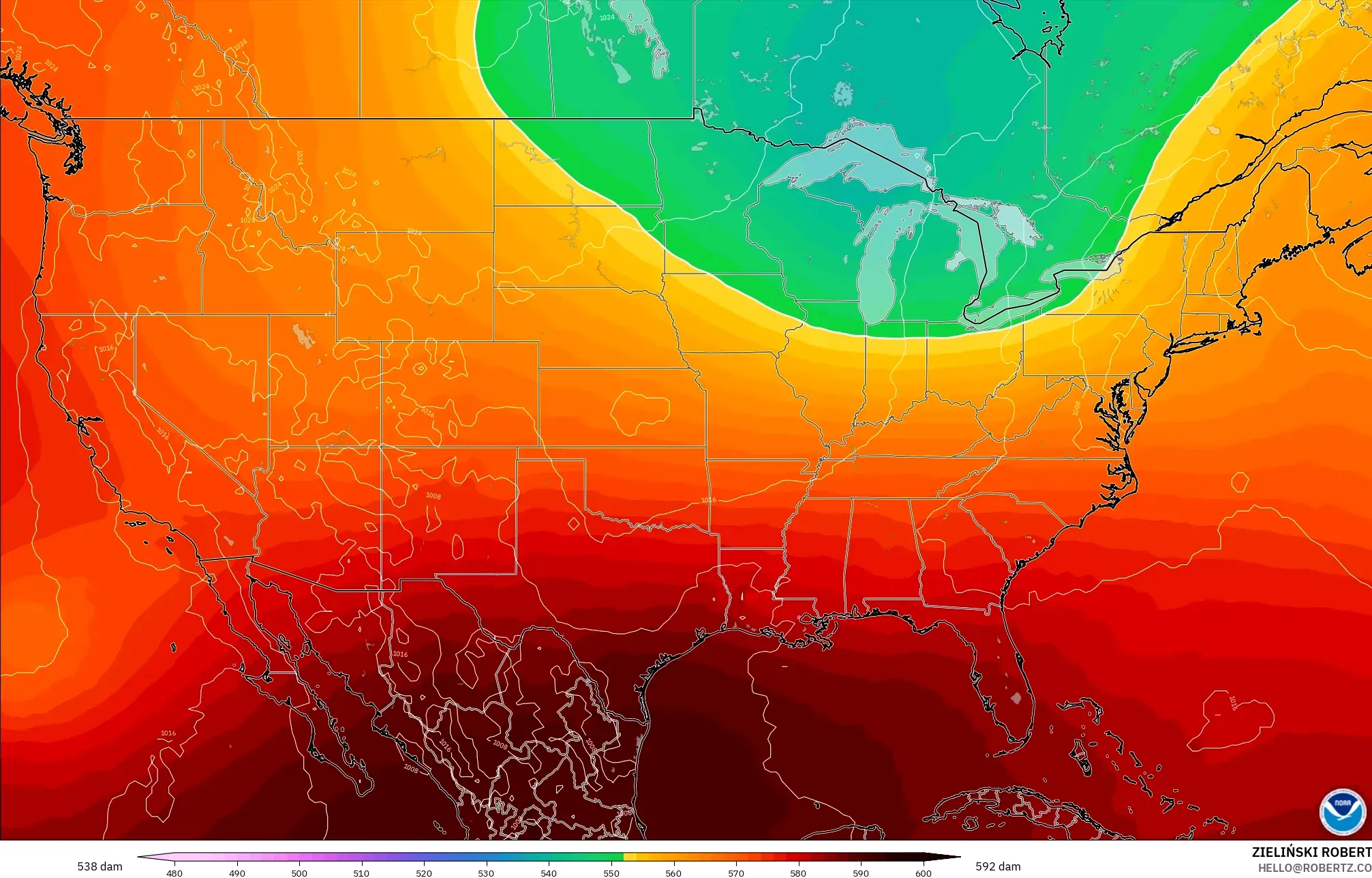 GFS modelo - Estados Unidos, Altura geopotencial a 500 hPa