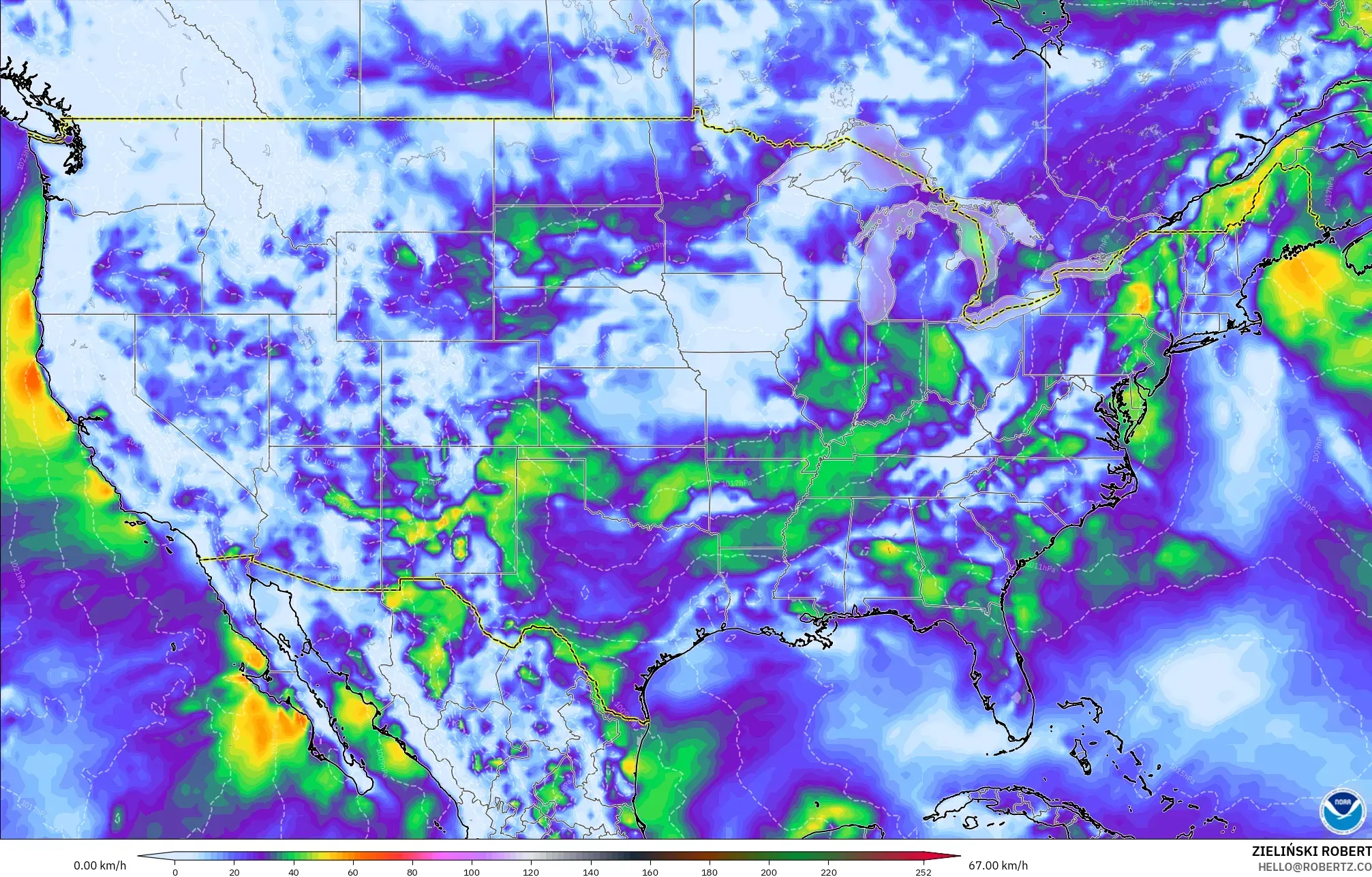 GFS modelo - Estados Unidos, Rajadas de Vento Máximas
