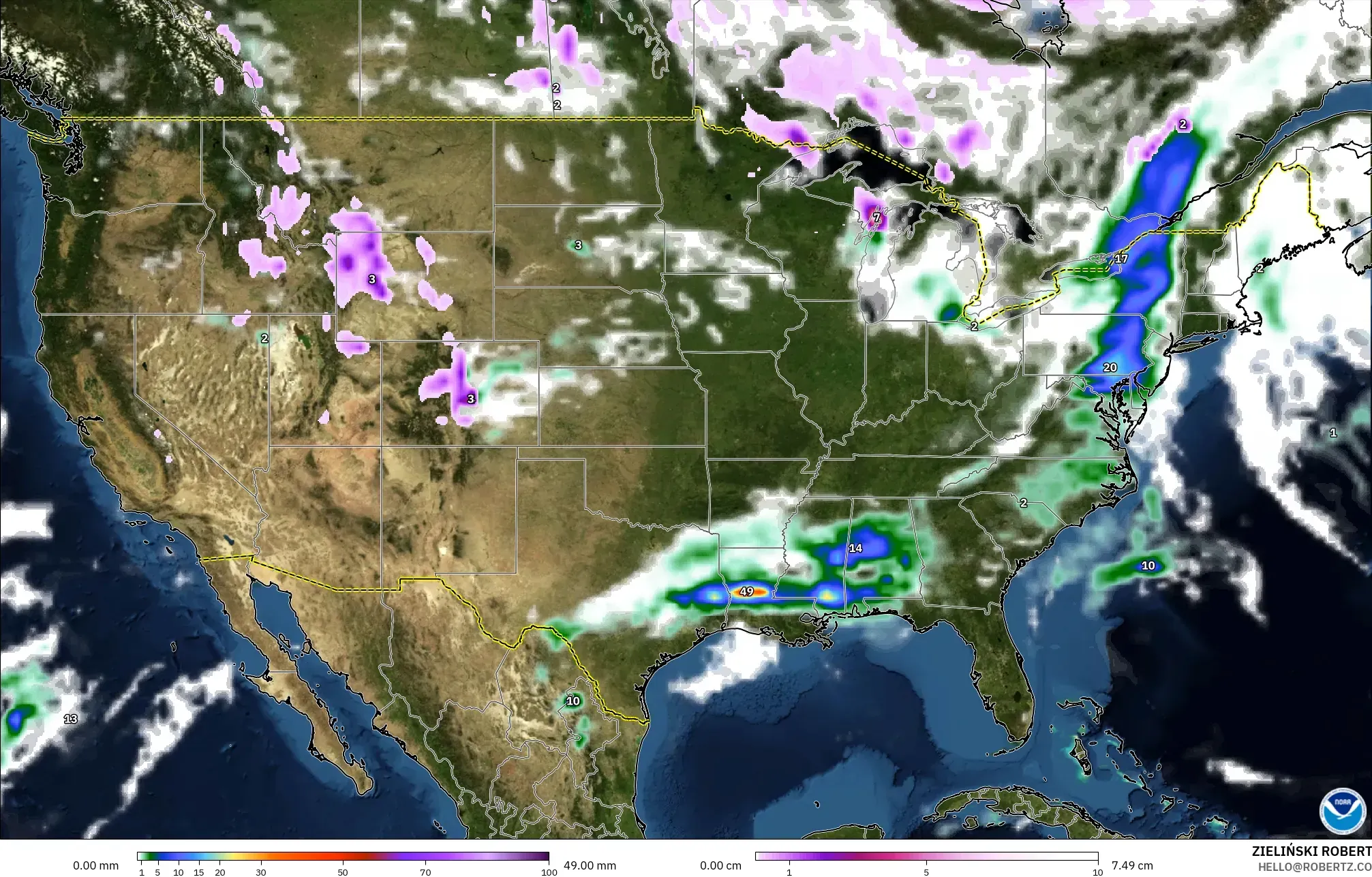GFS modelo - Estados Unidos, Precipitação, nuvens e pressão
