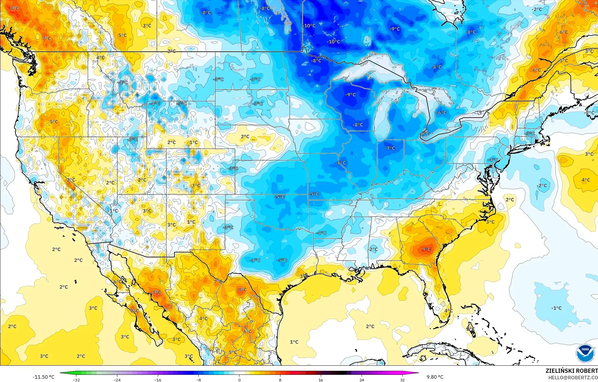 GFS modelo - Estados Unidos, Anomalia de temperatura a 2 m