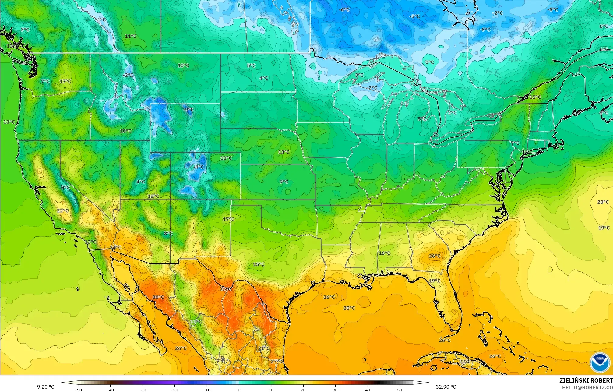 GFS modelo - Estados Unidos, Temperatura a 2 m