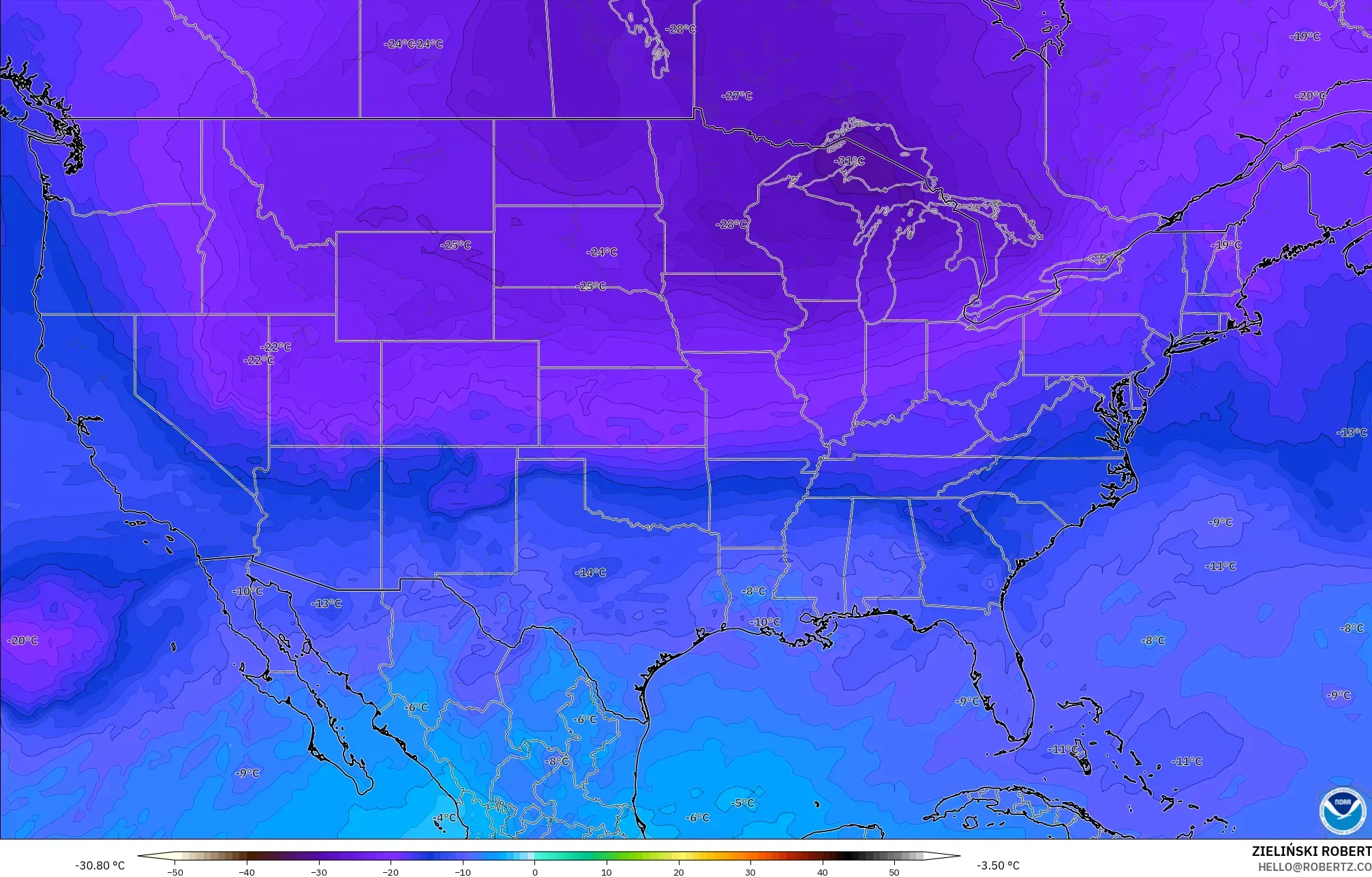 GFS modelo - Estados Unidos, Temperatura a 500 hPa