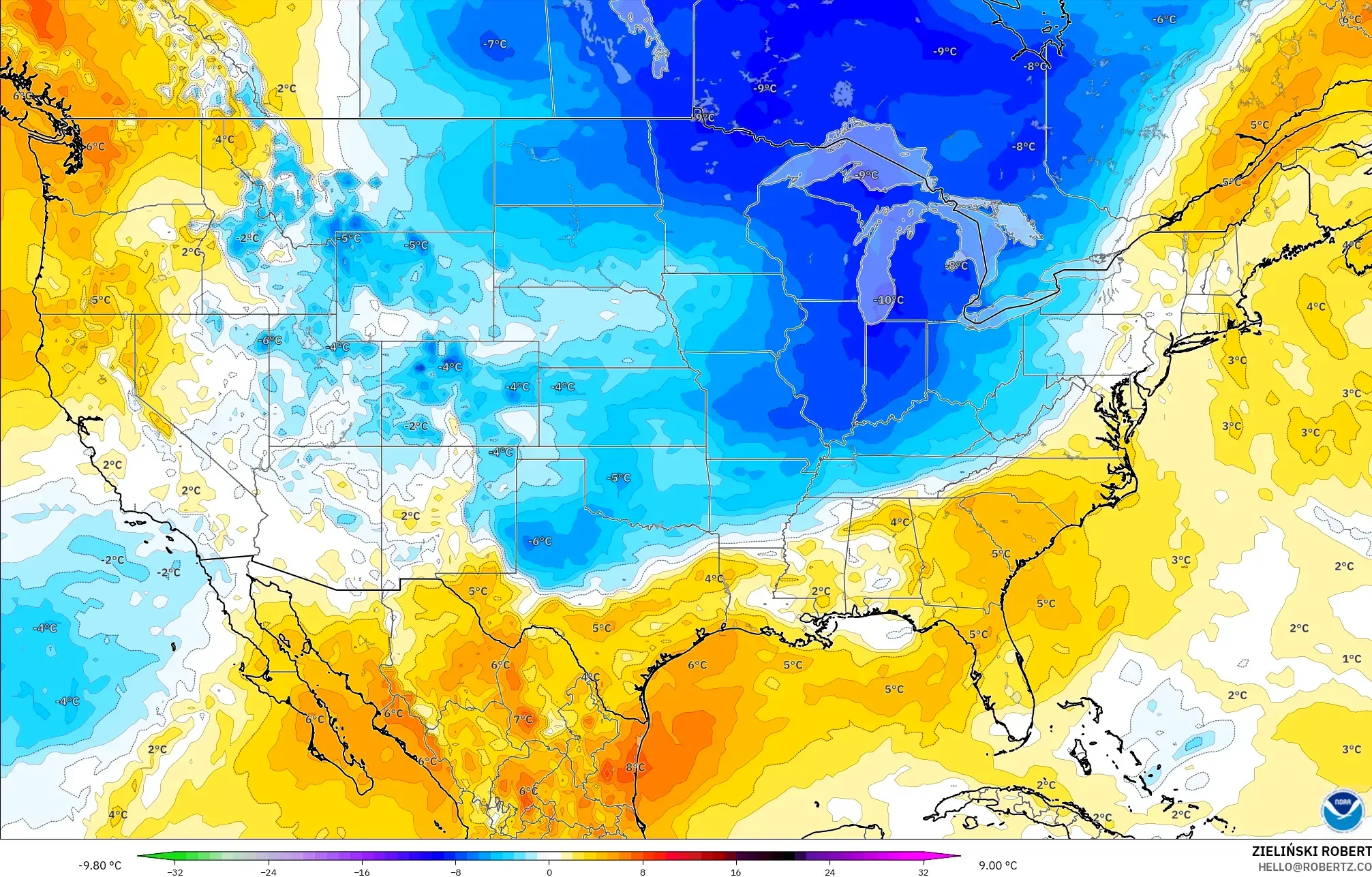 GFS modelo - Estados Unidos, Anomalia de temperatura a 850 hPa