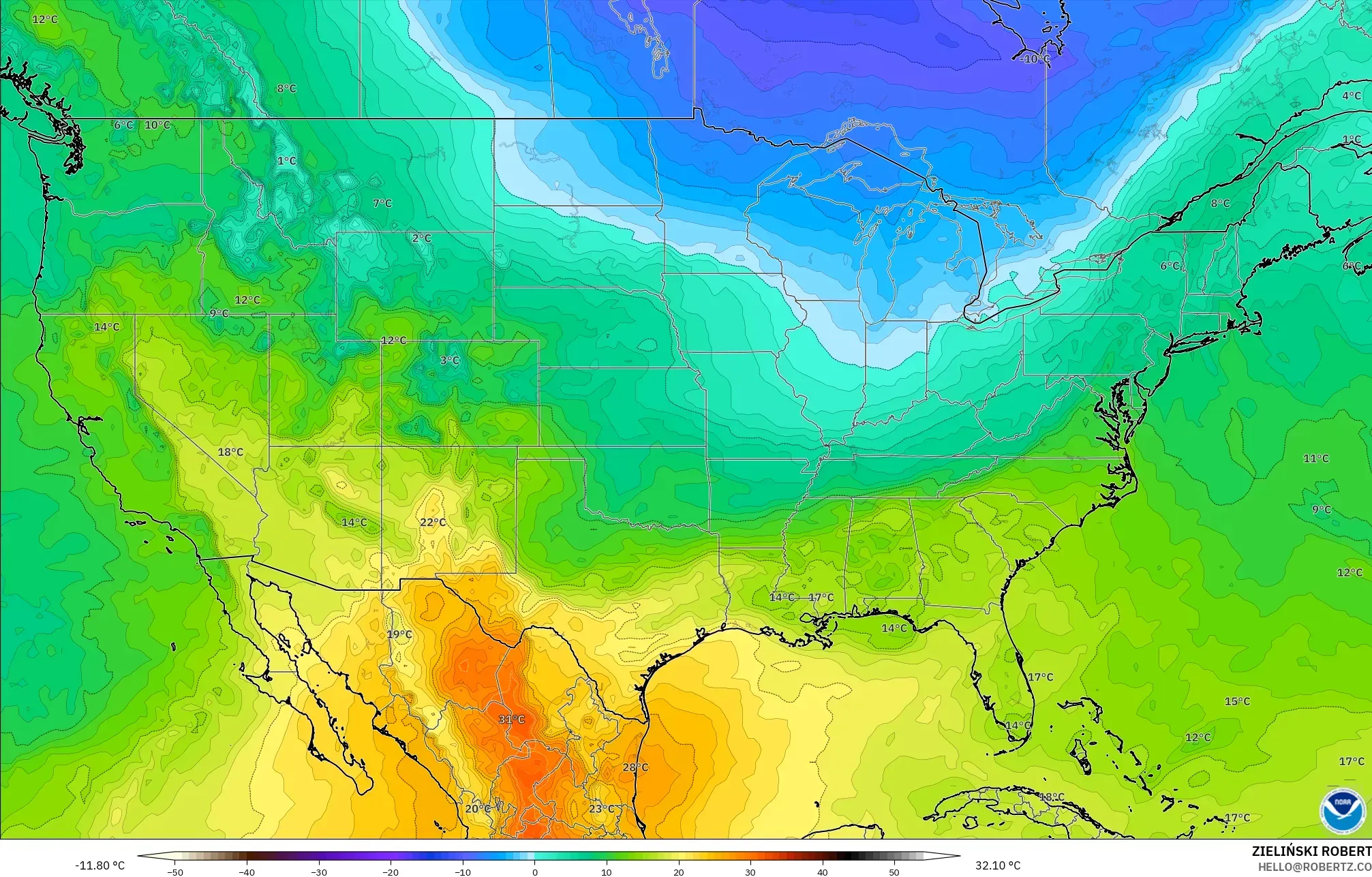 GFS modelo - Estados Unidos, Temperatura a 850 hPa