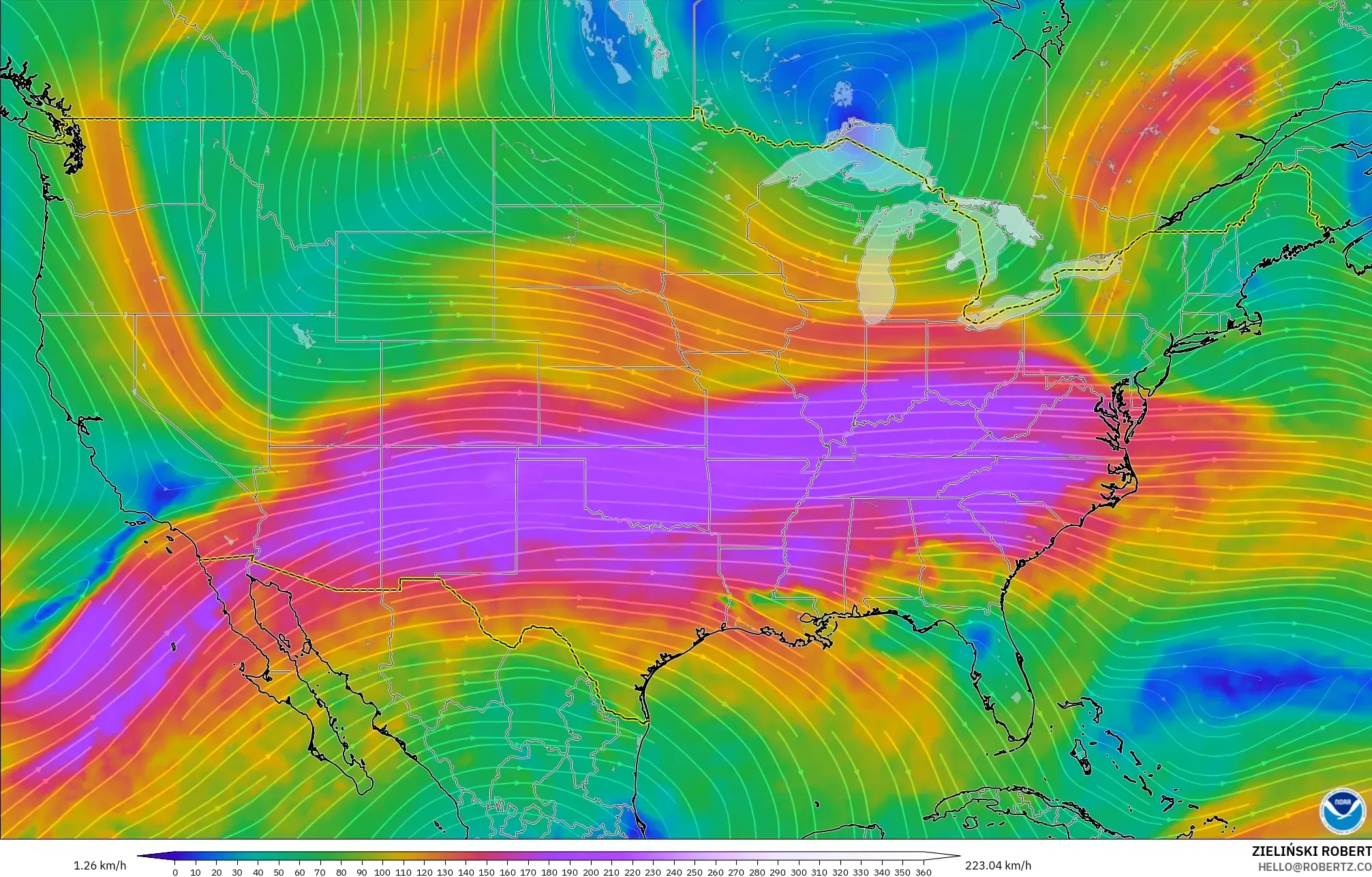 GFS modelo - Estados Unidos, Vento a 300 hPa (corrente em jato)