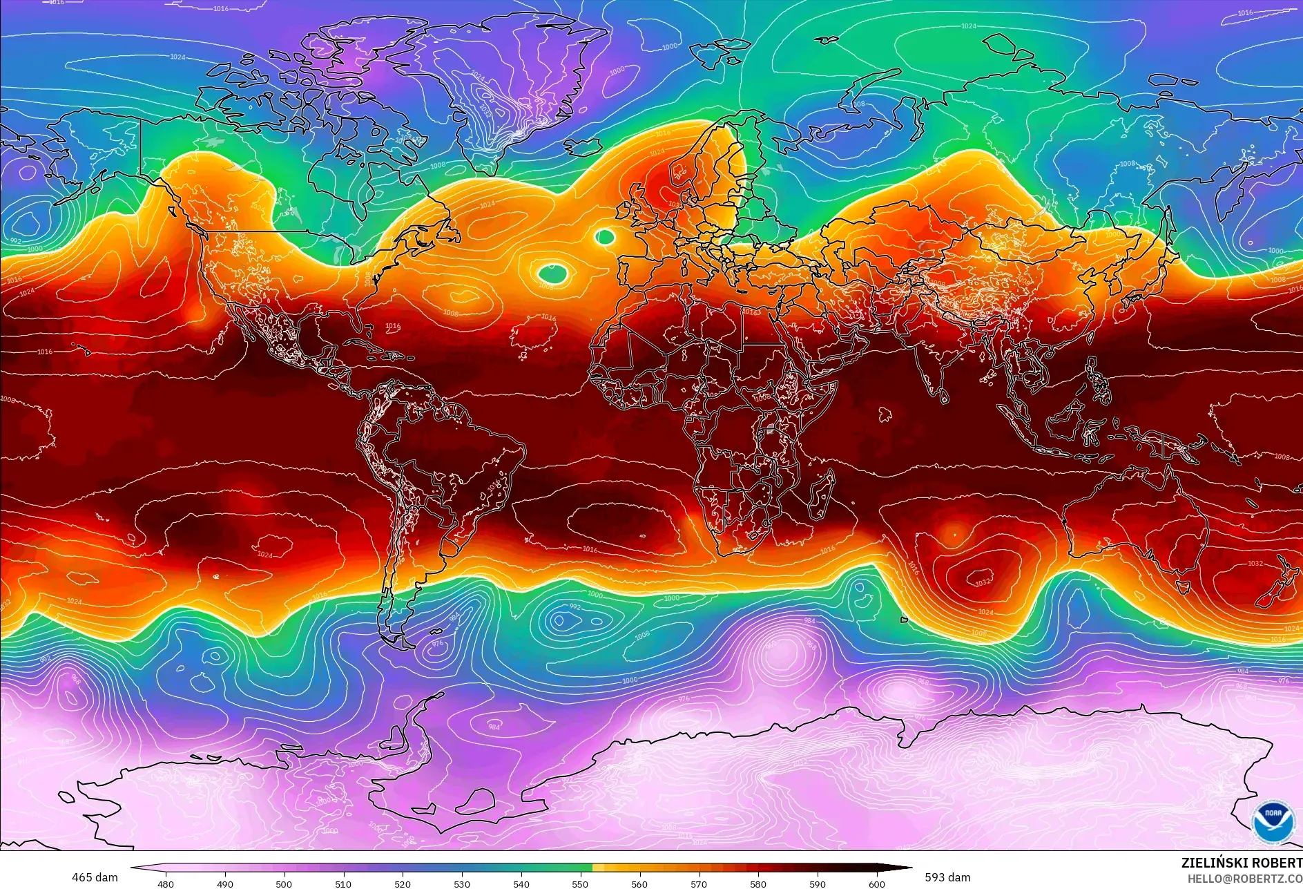 GFS modelo - Mundo, Altura geopotencial a 500 hPa
