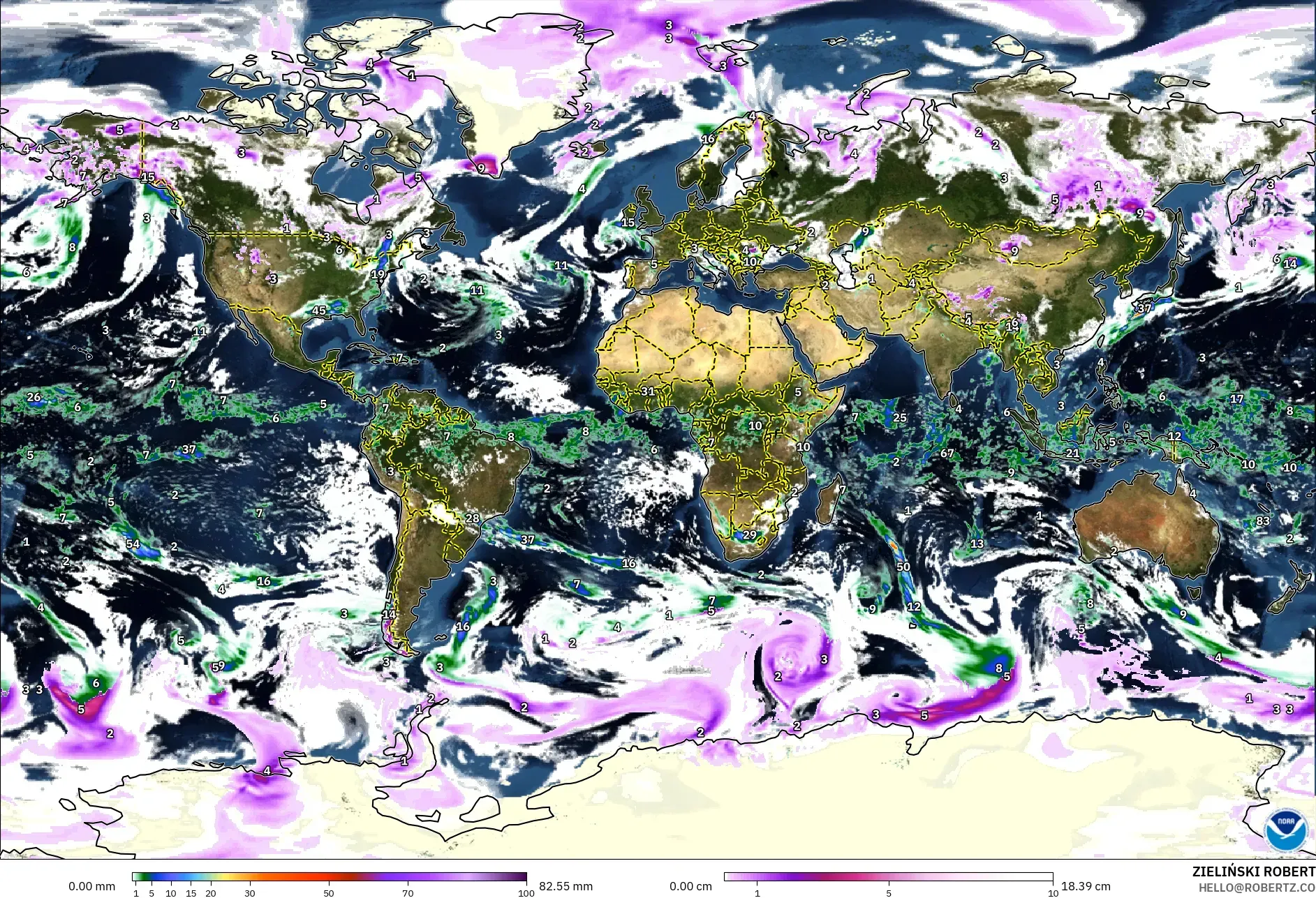 GFS modelo - Mundo, Precipitação, nuvens e pressão