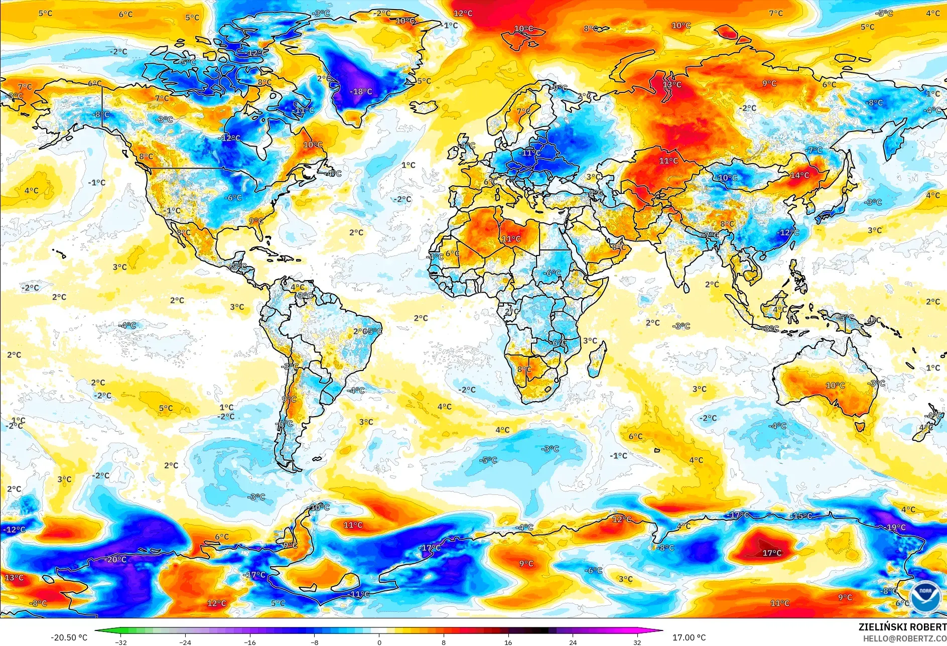 GFS modelo - Mundo, Anomalia de temperatura a 2 m