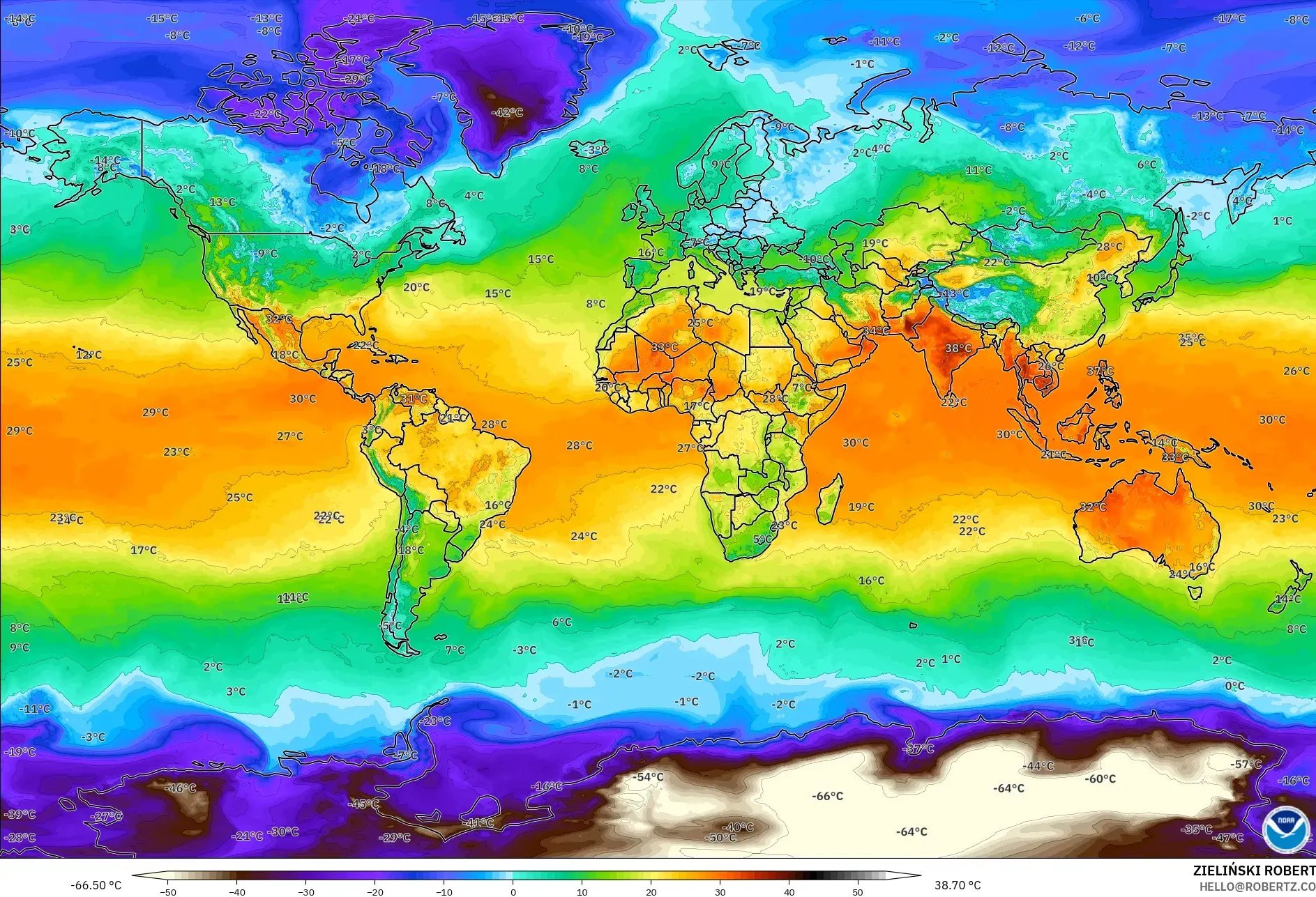 GFS modelo - Mundo, Temperatura a 2 m
