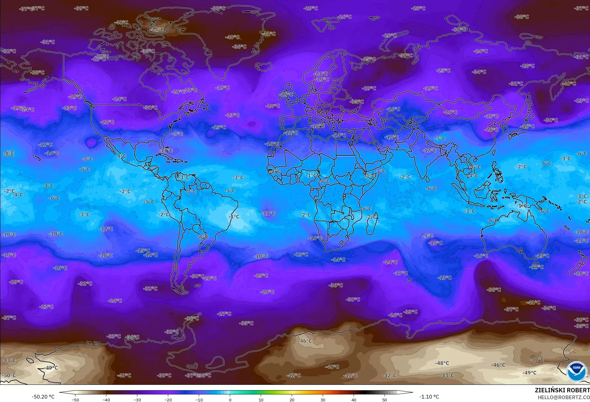 GFS modelo - Mundo, Temperatura a 500 hPa