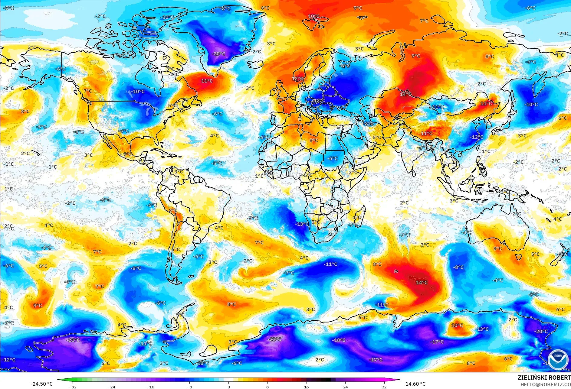 GFS modelo - Mundo, Anomalia de temperatura a 850 hPa