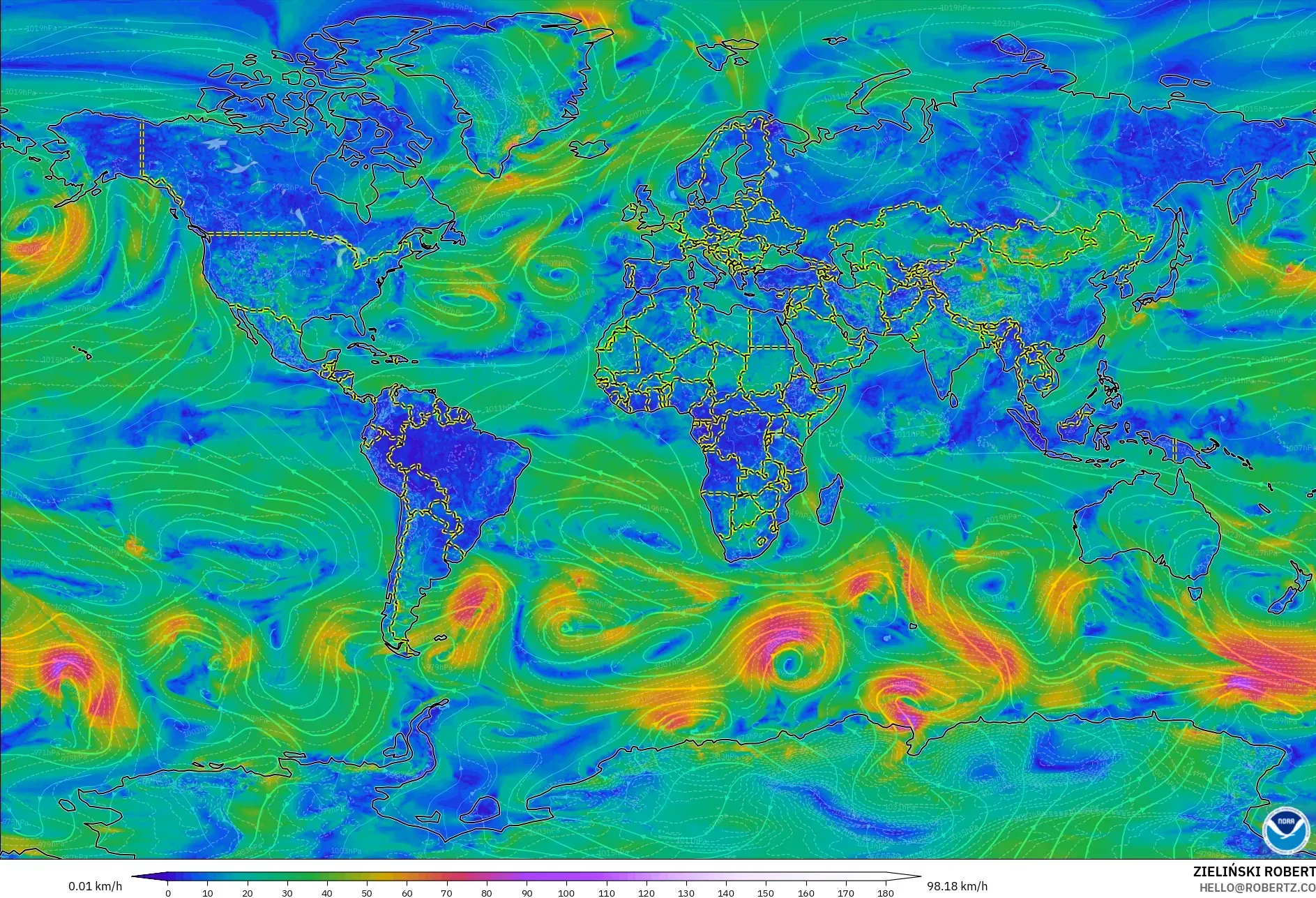 GFS modelo - Mundo, Vento a 10 m