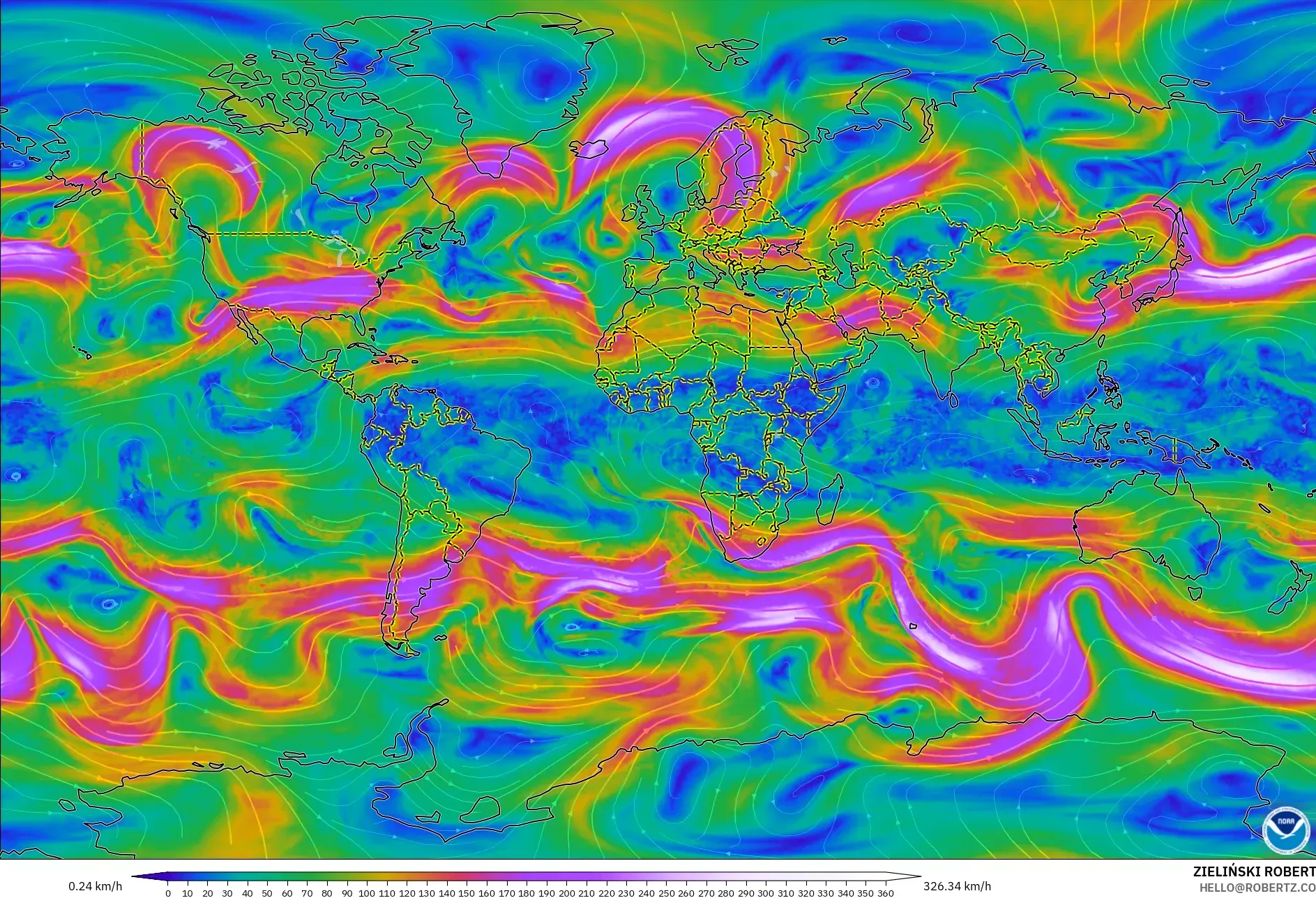 GFS modelo - Mundo, Vento a 300 hPa (corrente em jato)