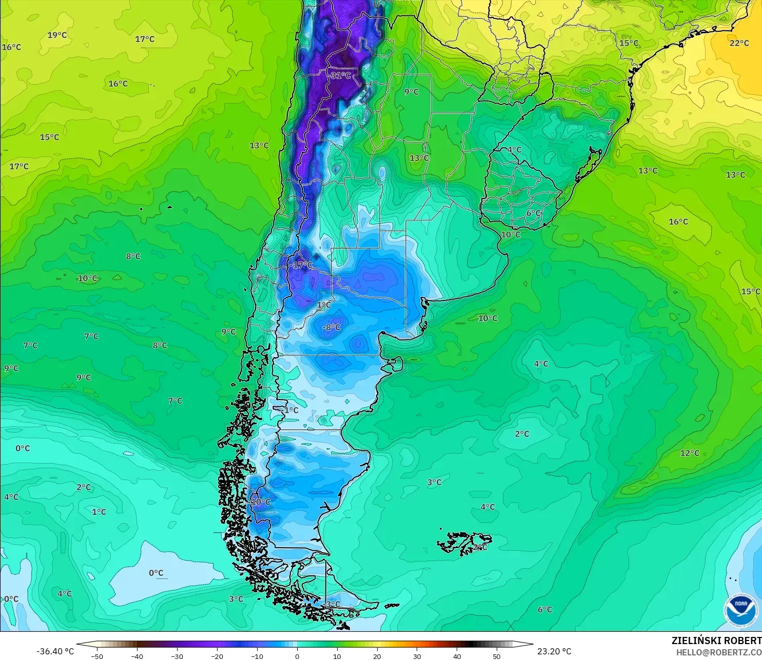 GFS modelo - Argentina, Ponto de orvalho a 2 m