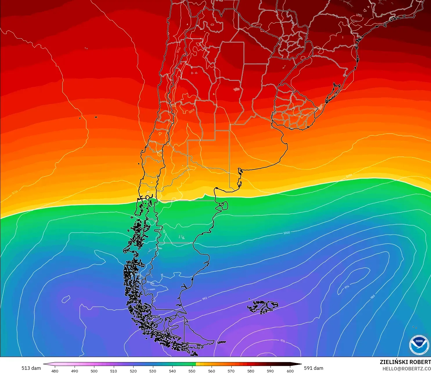 GFS modelo - Argentina, Altura geopotencial a 500 hPa