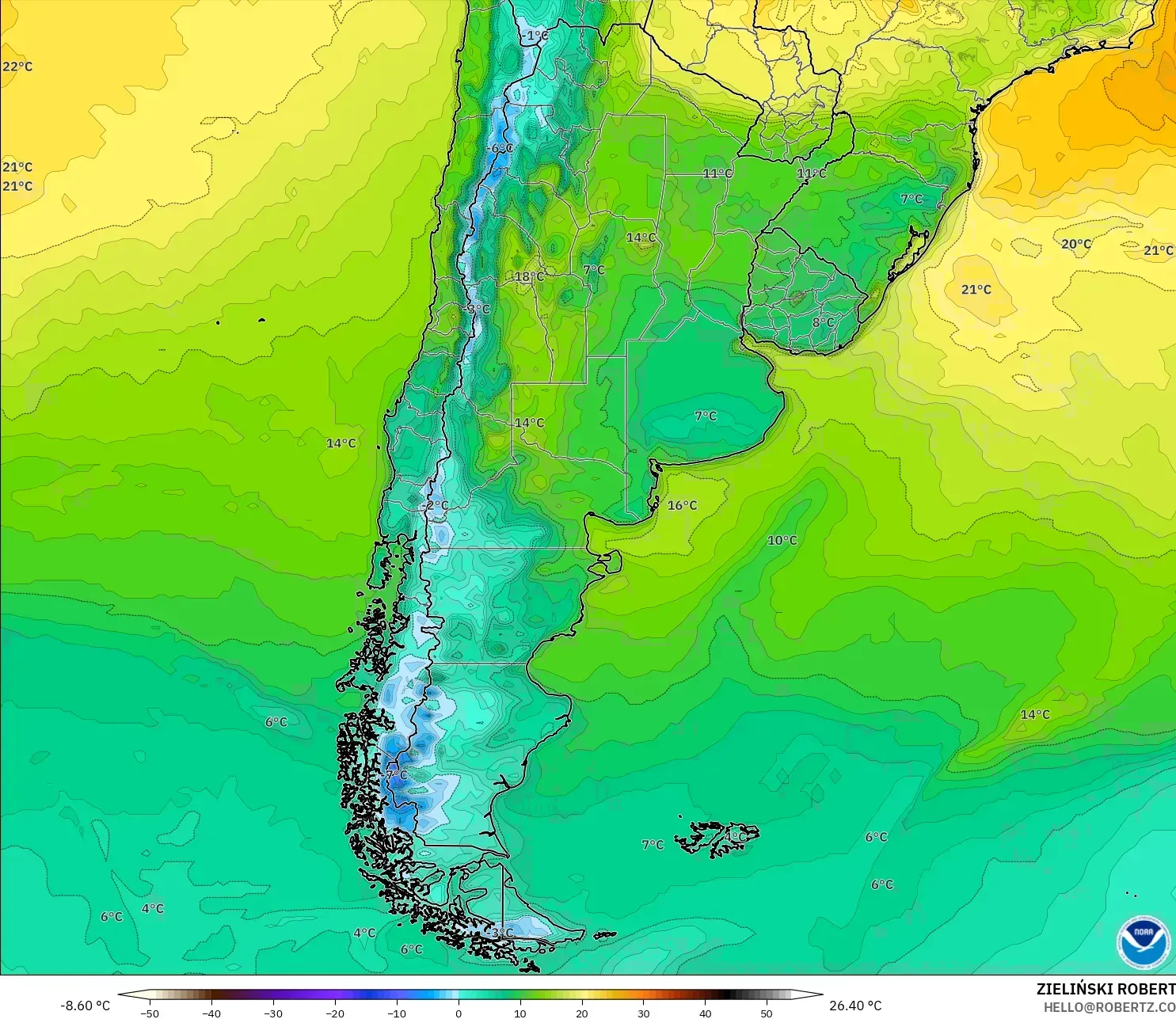 GFS modelo - Argentina, Temperatura a 2 m