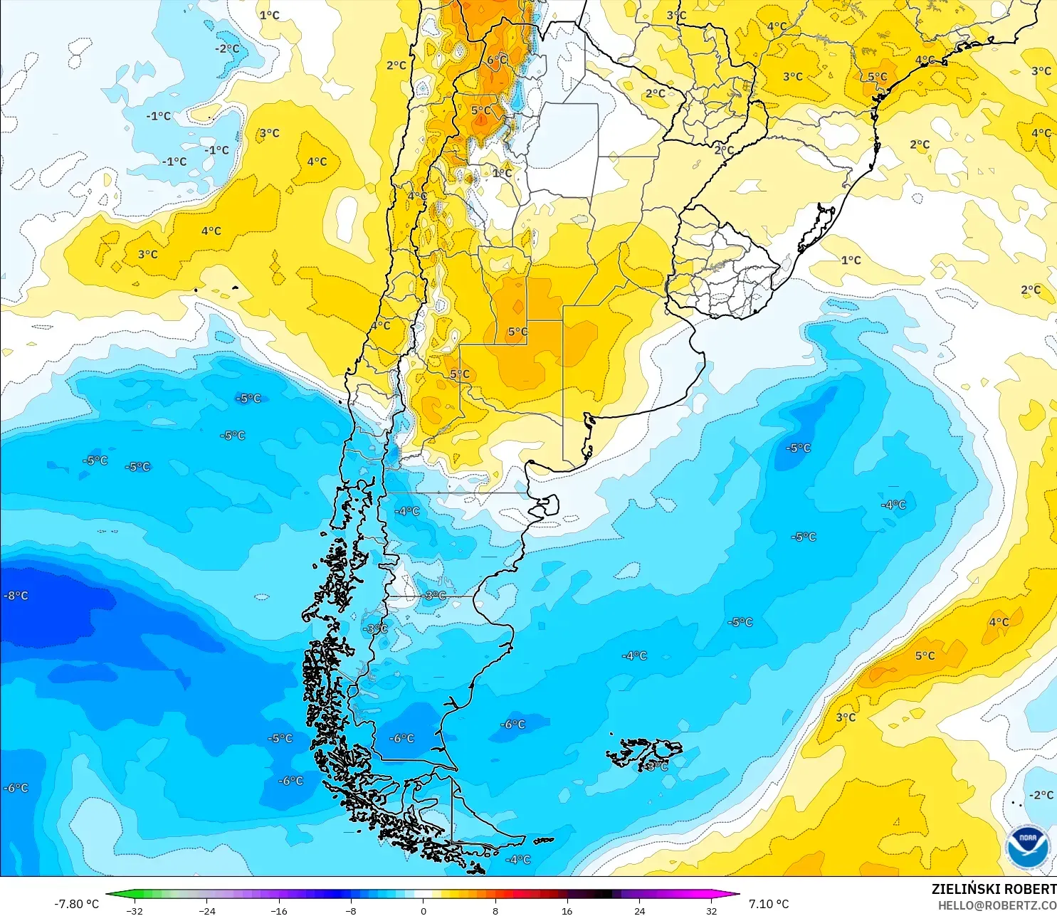 GFS modelo - Argentina, Anomalia de temperatura a 850 hPa