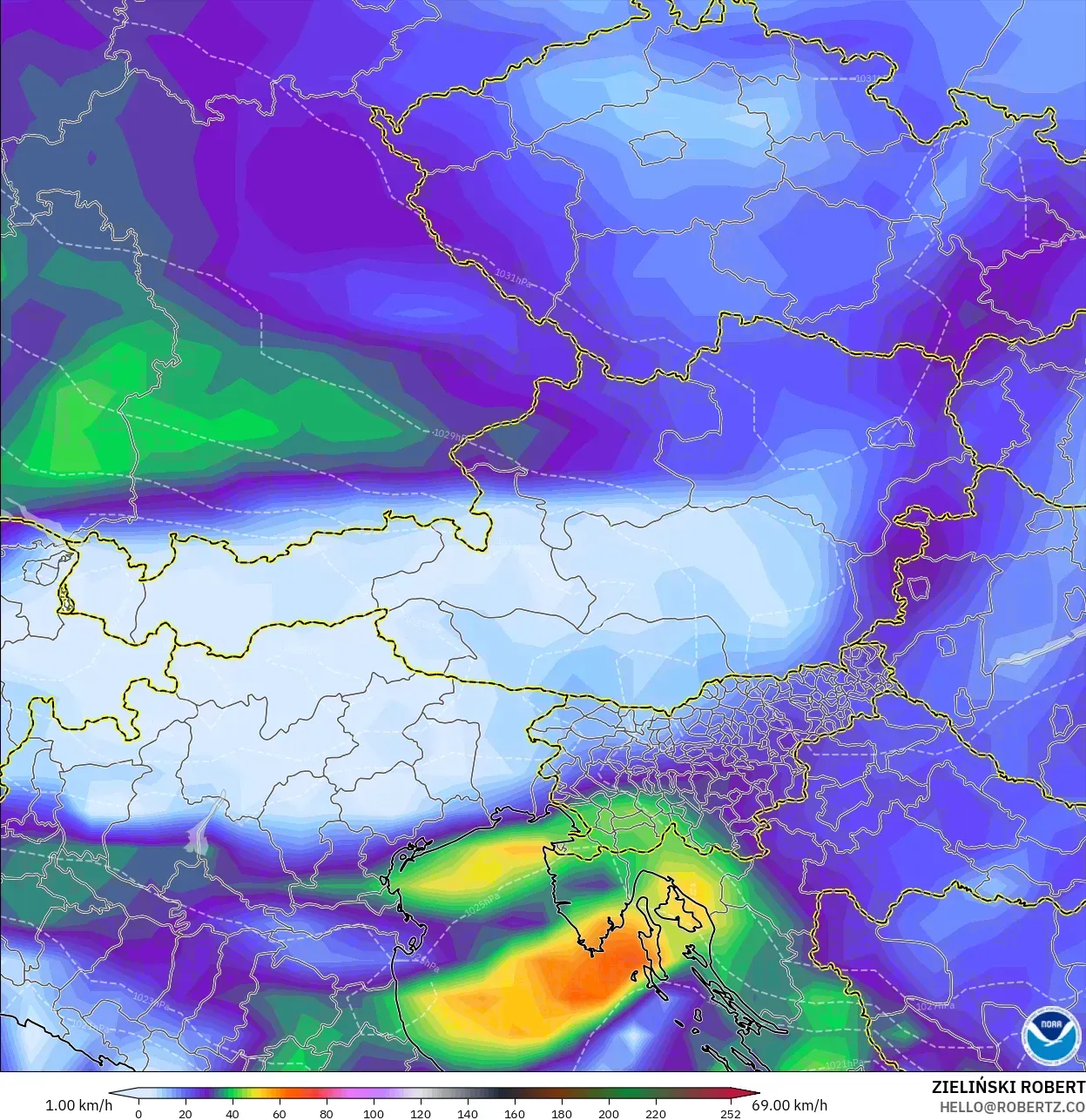 GFS modelo - Áustria, Rajadas de Vento Máximas