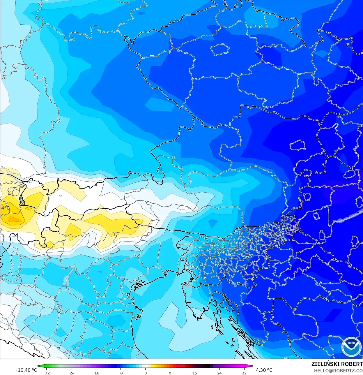 GFS modelo - Áustria, Anomalia de temperatura a 850 hPa