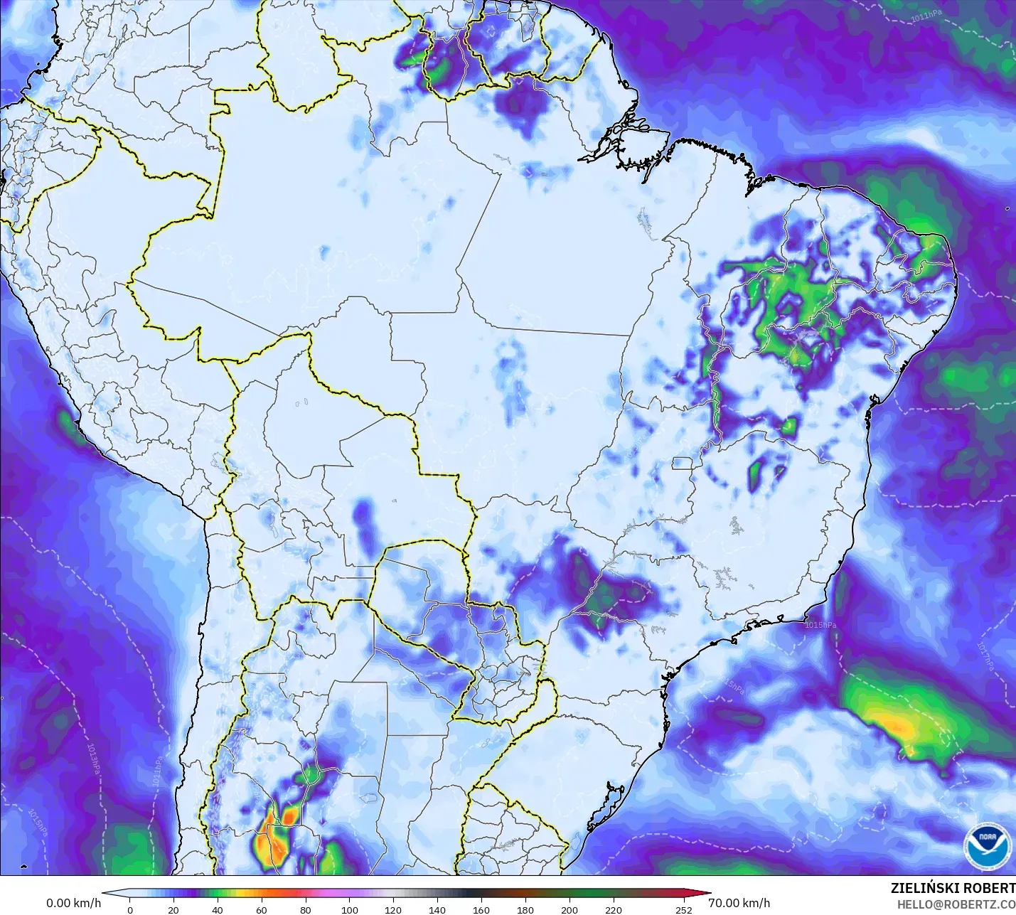 GFS modelo - Brasil, Rajadas de Vento Máximas