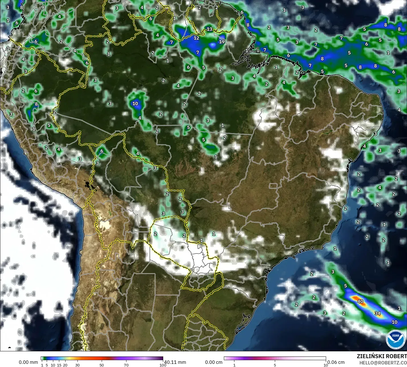 GFS modelo - Brasil, Precipitação, nuvens e pressão