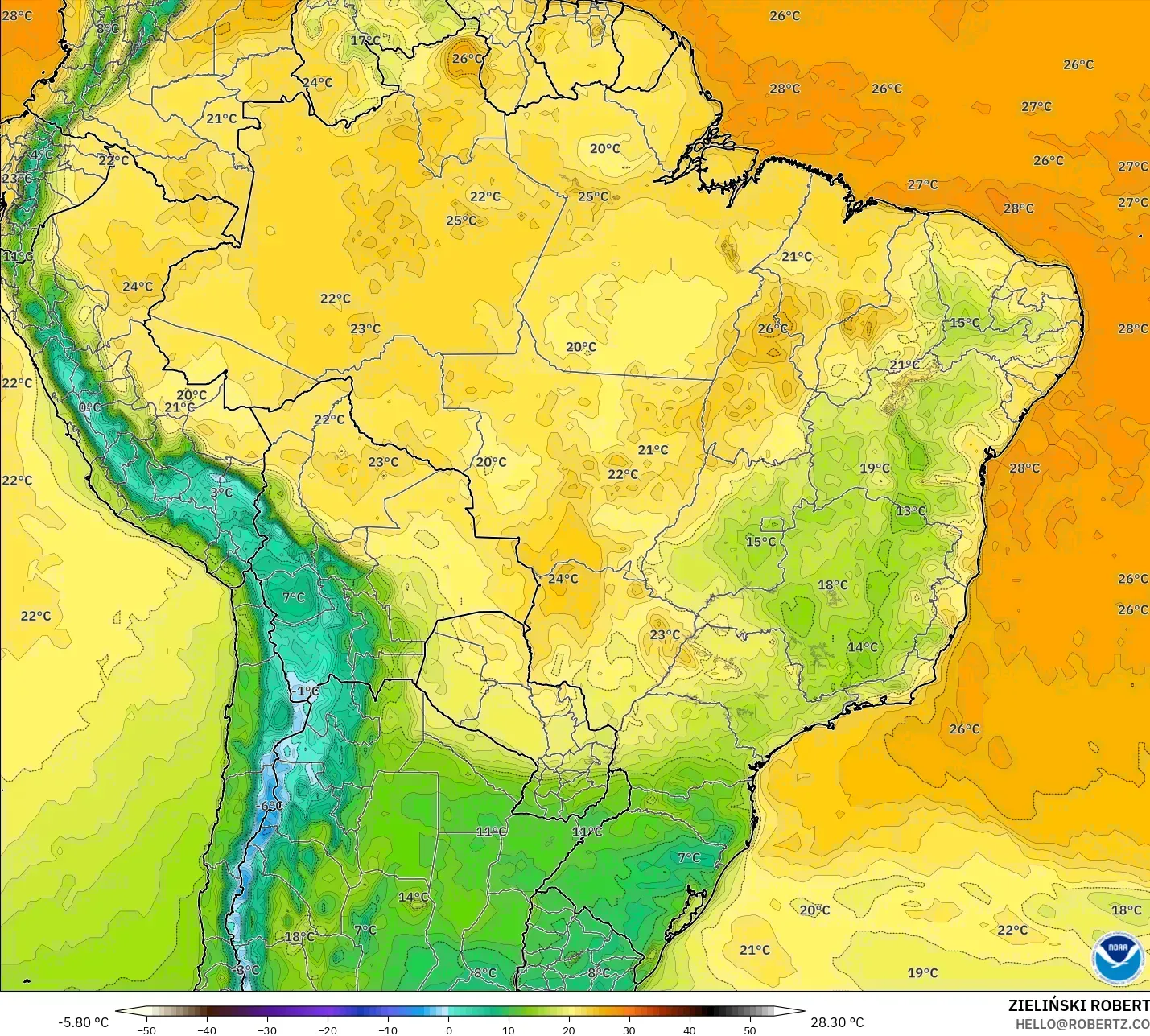 GFS modelo - Brasil, Temperatura a 2 m