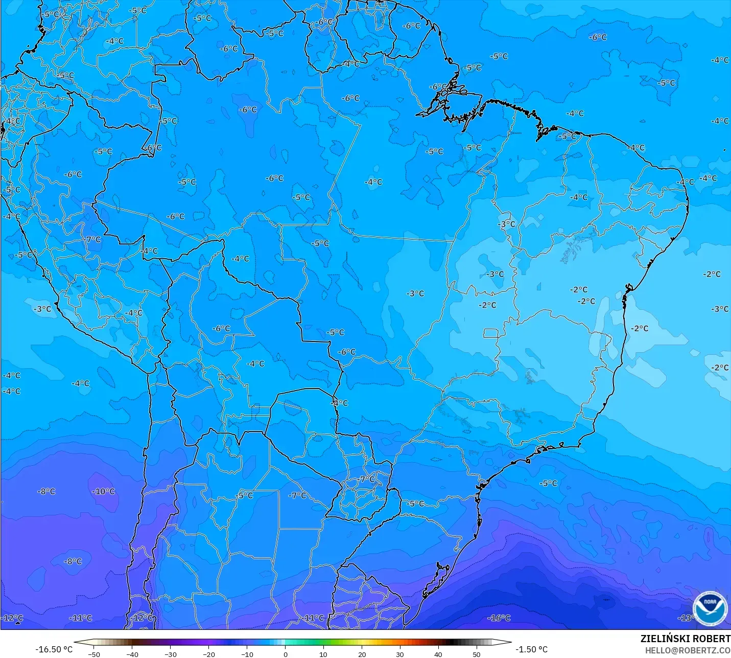 GFS modelo - Brasil, Temperatura a 500 hPa
