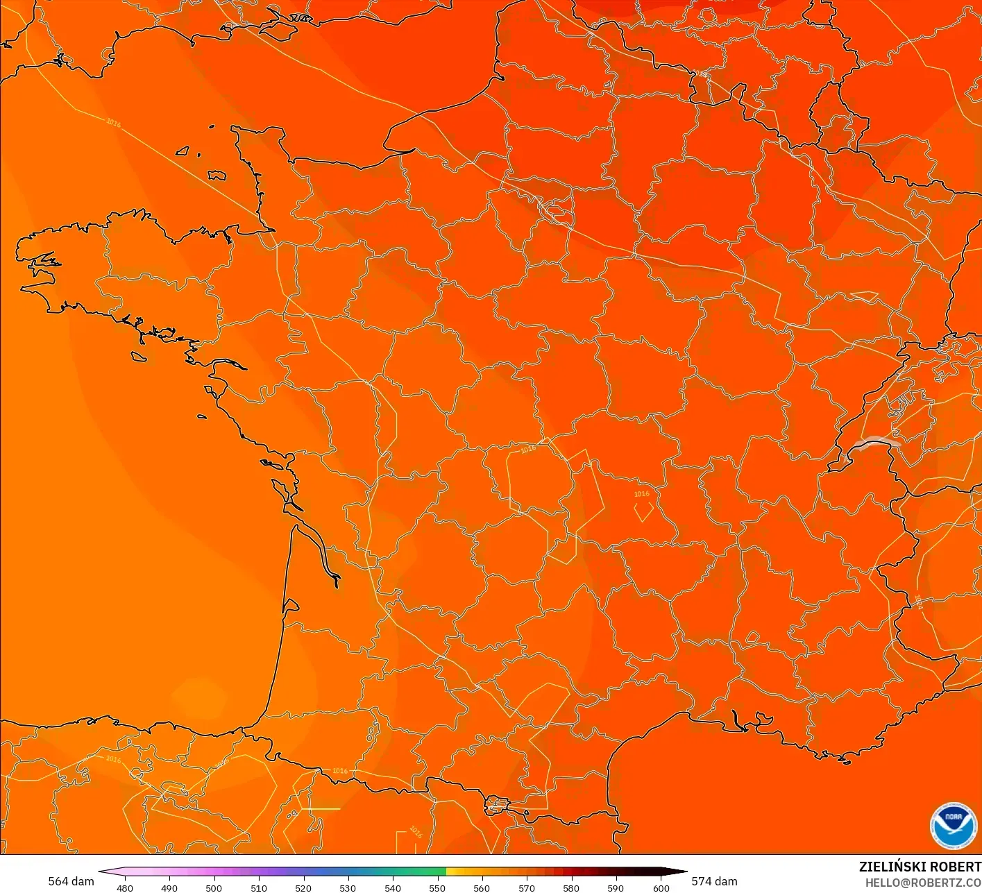 GFS modelo - França, Altura geopotencial a 500 hPa