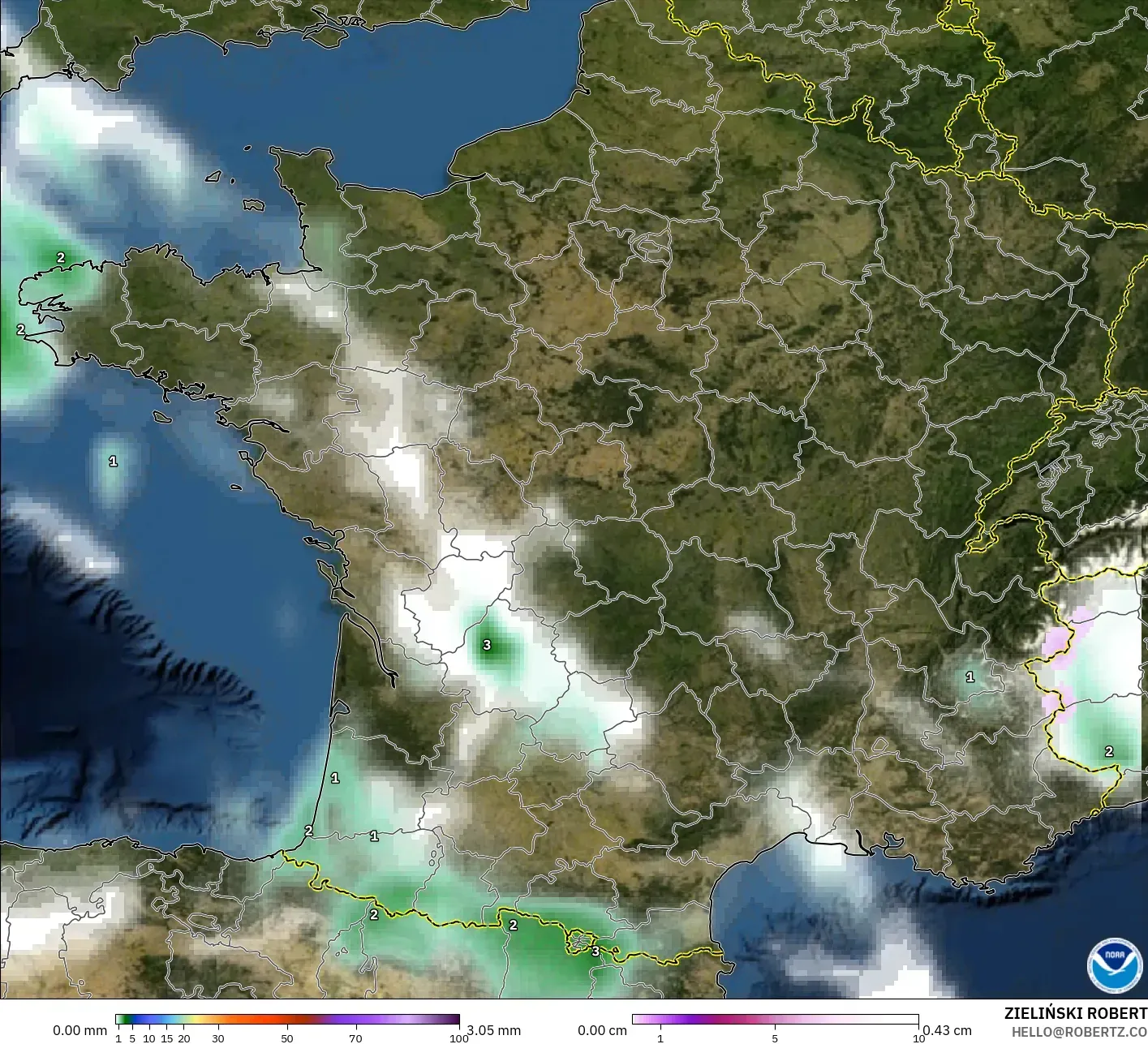 GFS modelo - França, Precipitação, nuvens e pressão