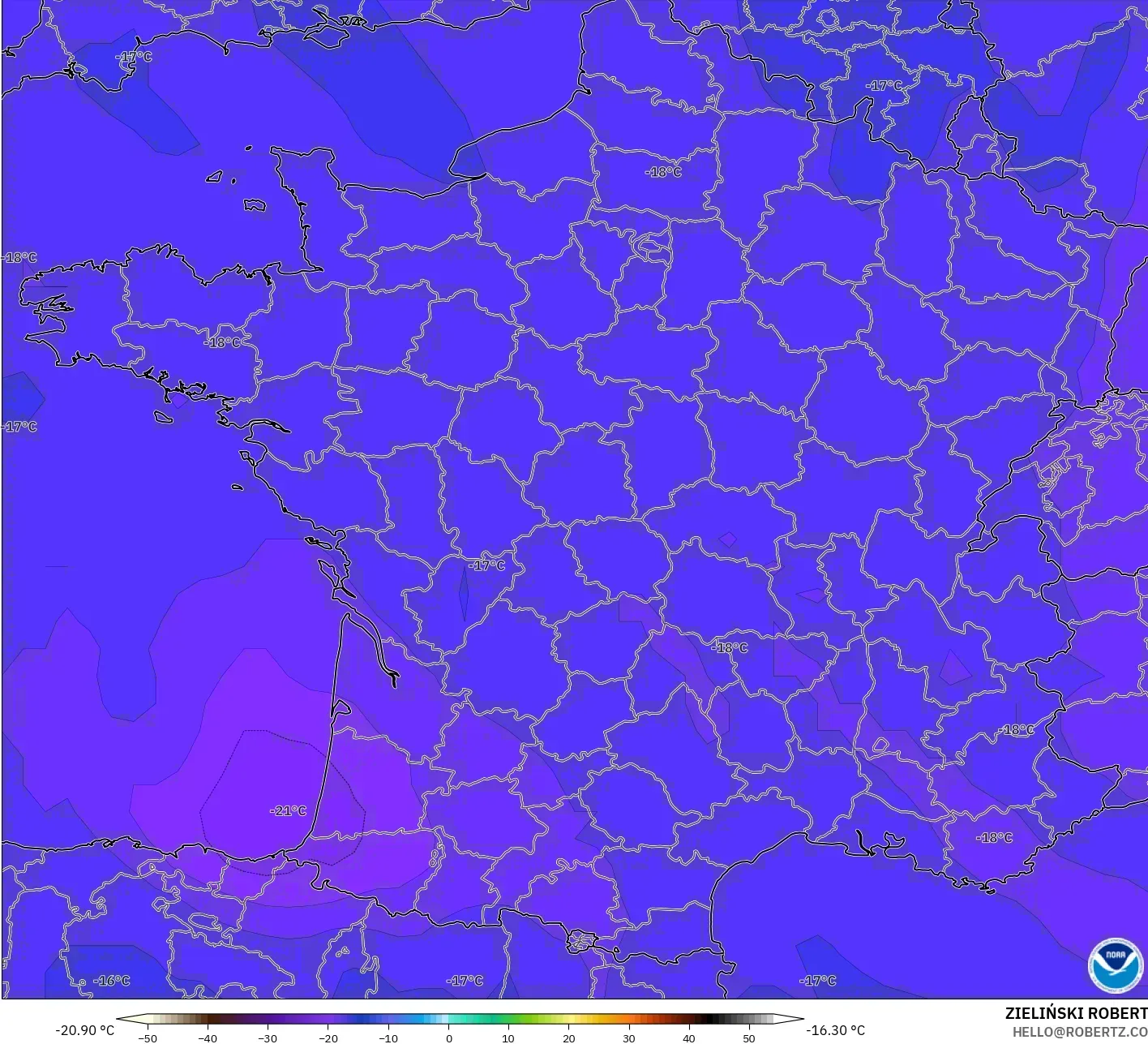 GFS modelo - França, Temperatura a 500 hPa
